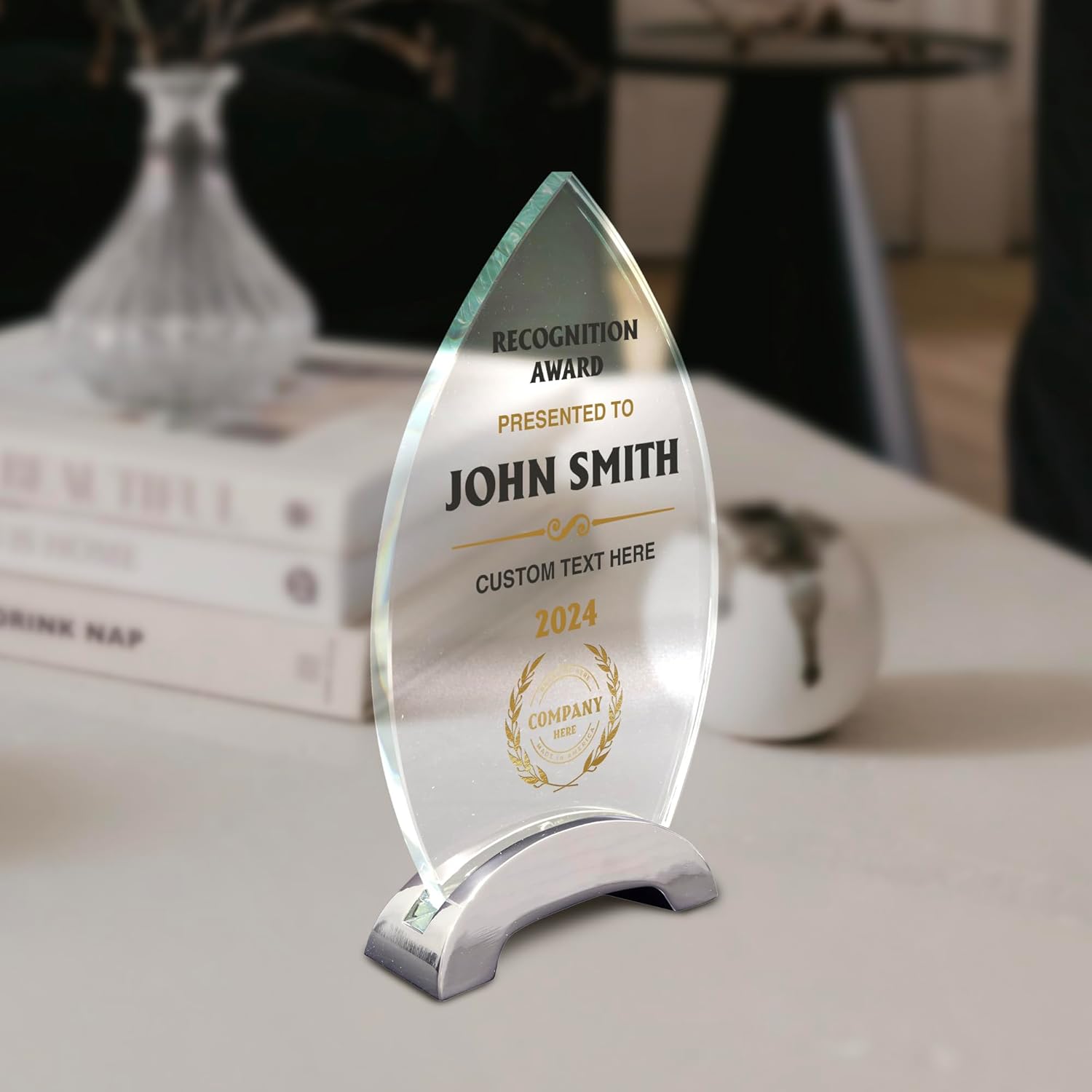7 1/2" Personalized Glass Plaque for Awards and Trophies, Custom Award for Employee of the Month, Retirement, Leadership and Appreciation Gift F (D3)