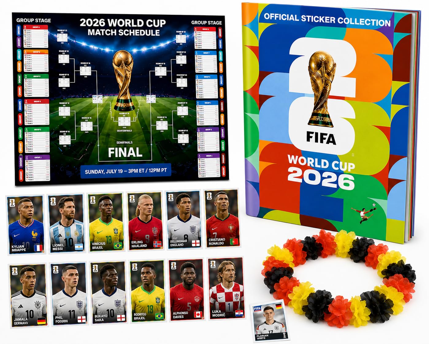 TK Gruppe Timo Klingler Set XXL Panini Coupe du Monde 2026 – Album & Stickers avec Calendrier des Matchs, Collier de Fleurs & Album Panini Football (1 Pochette / 13 Stickers)