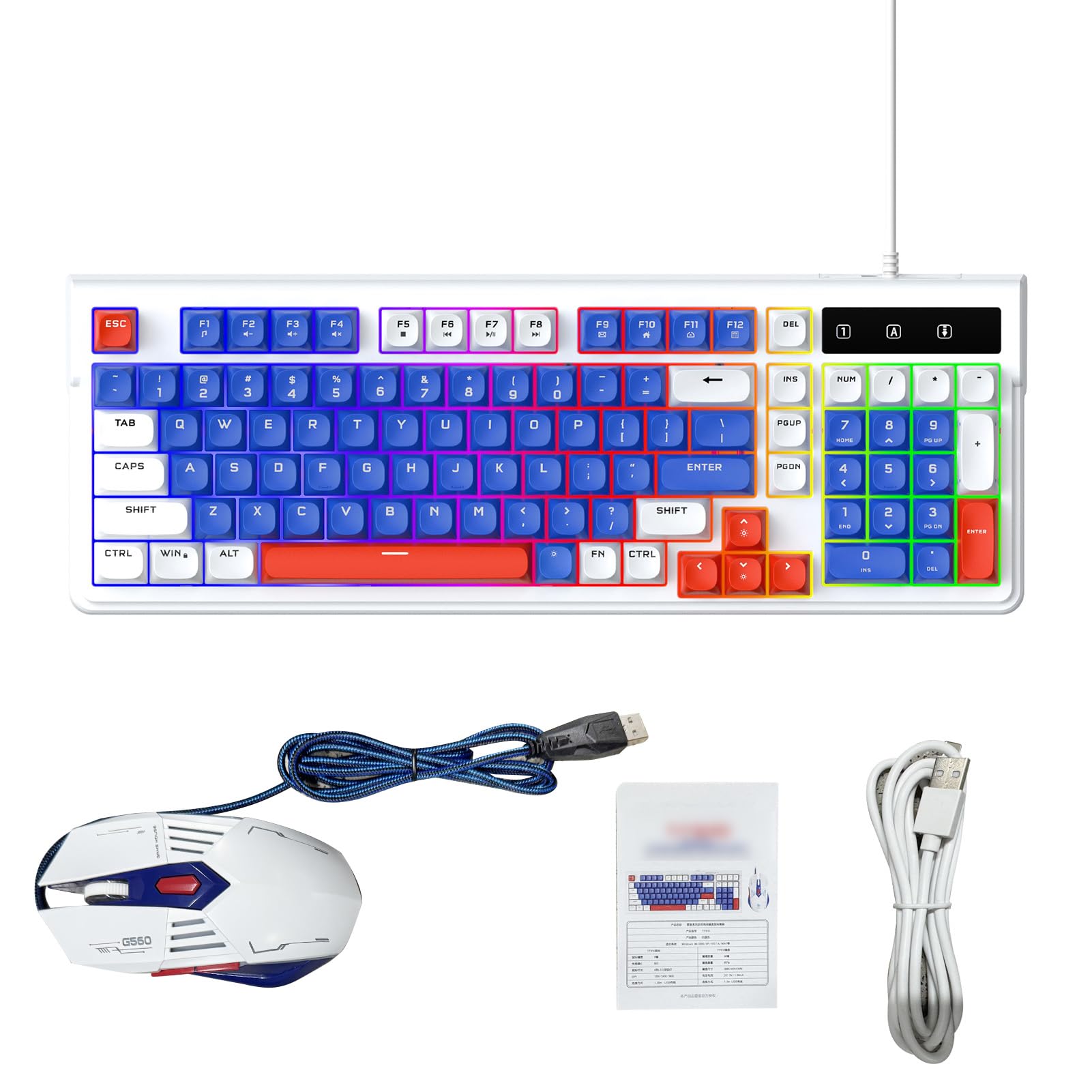 Irfora Podświetlana RGB Klawiatura do Gier i Mysz Combo Kompaktowy Układ Przewodowe Ciche Klawisze USB na PC 98SE/ME/2000/XP/Vista/7/10 dla Graczy (Biały Niebieski)