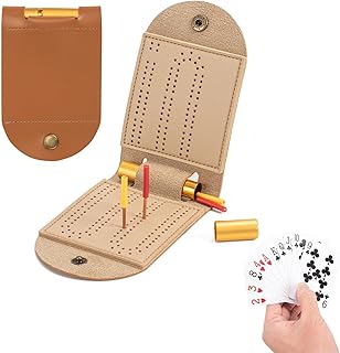 Travel Cribbage Board Portable Leather Cribbage Board Game Set, Cribbage Boards Unique 2 Track Cribbage Board, Mini Cribbage Board with 4 Cribbage Board Pegs,3.14x4.92 in,After Unfolding L:10.31 in
