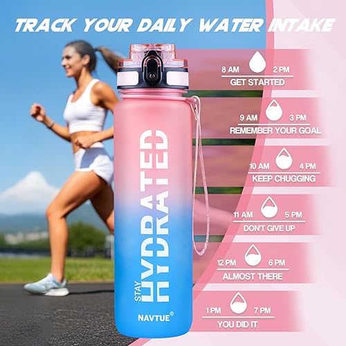 Miniatura 2 de Botella de agua, botellas de agua deportivas de 32 onzas con marcador de tiempo, boca ancha, botella de bebida motivacional y a prueba de fugas,