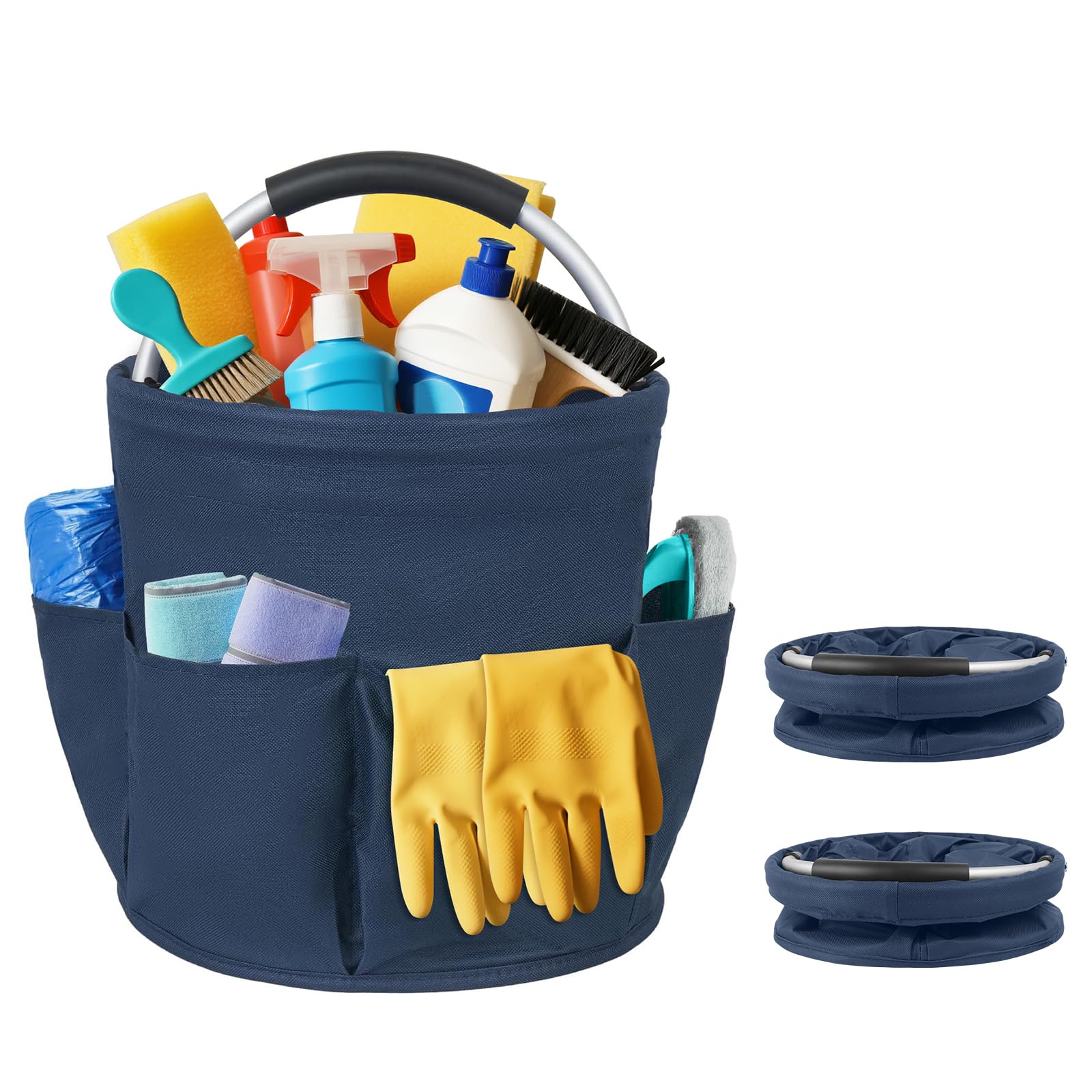 Carello Pulizie con Manico,2 Cestini Porta Atrezzi con 6 Tasche Esterne,Borsa Organizer Pieghevole Sacca Portaoggetti Borsa per Utensili di Pulizia,Contenitore per Pulizia Professionale,Blu