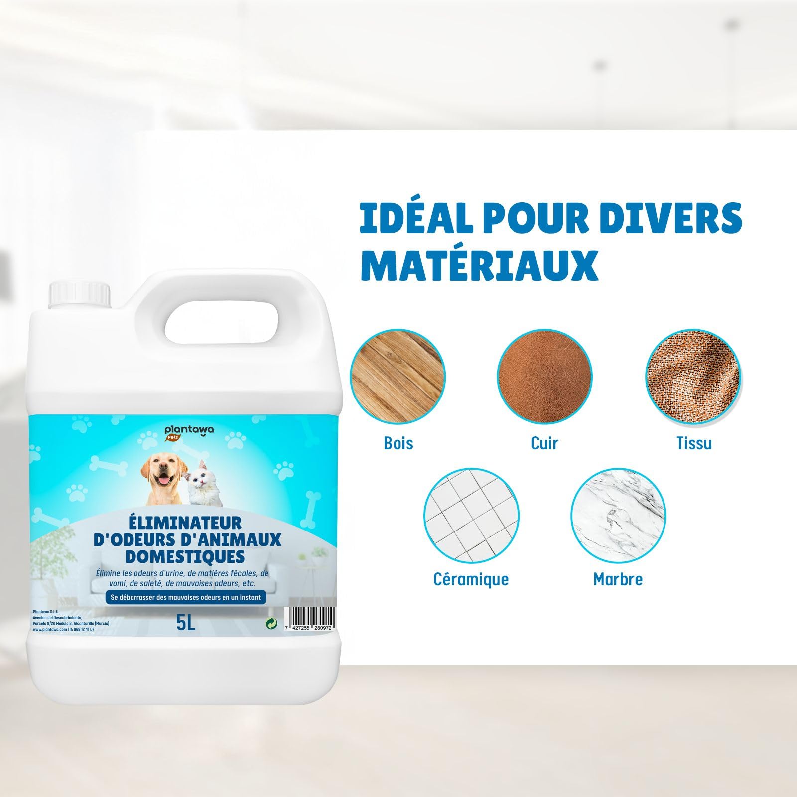 PLANTAWA Éliminateur instantané d'odeurs d'animaux domestiques 5l. Neutraliseur Enzymatique Odeurs Urine Fèces Vomissements. Intérieur et extérieur, Patio Jardin. Anti Odeur Urine Chiens Chats.