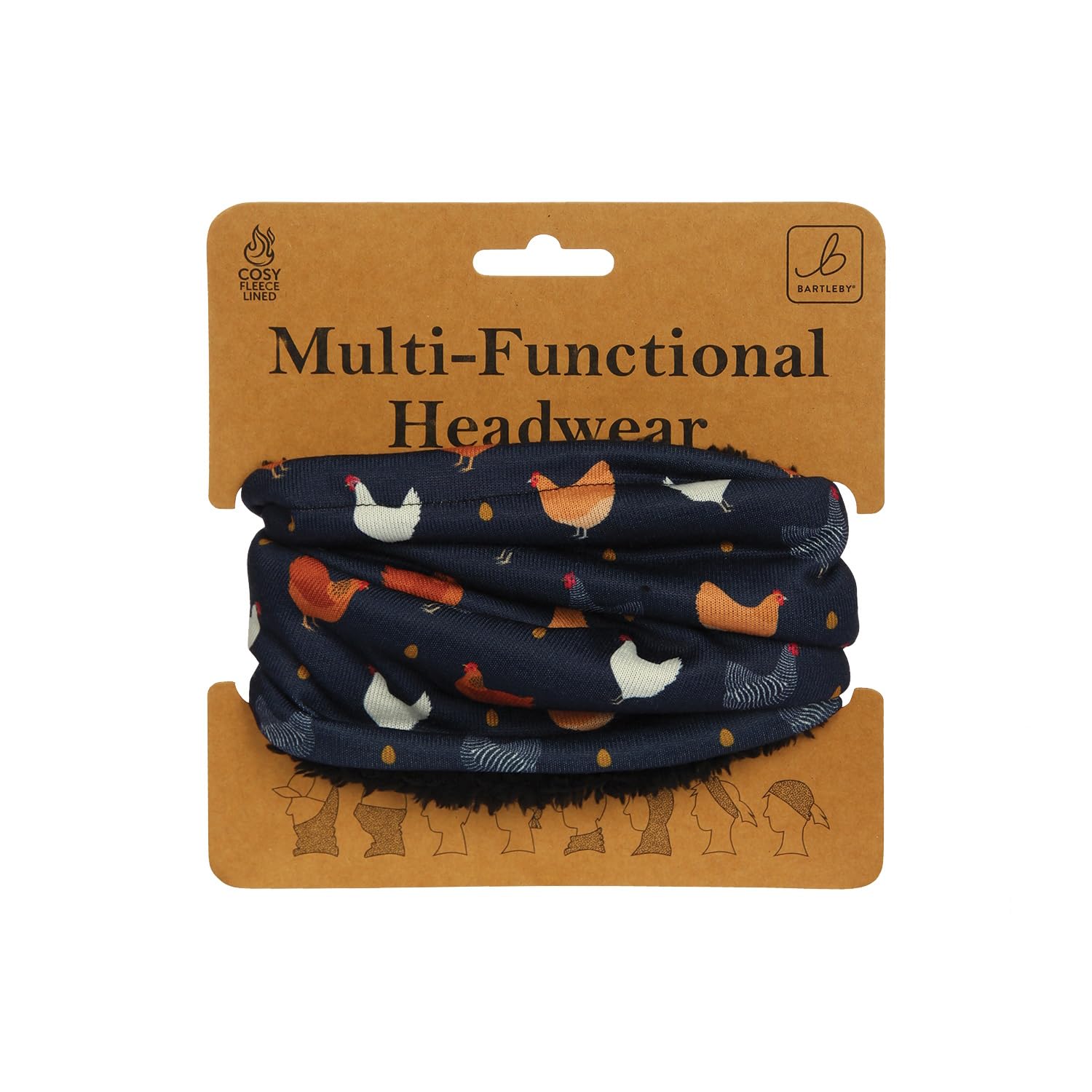 Bartleby Multi-Functional Fleece-Lined Snood One Size Adjustable Toggle 8 Ways to Wear Warm Breathable Neck Warmer for Outdoor Work, Sports & Walking Animal & Print Designs (Colourful Chickens)