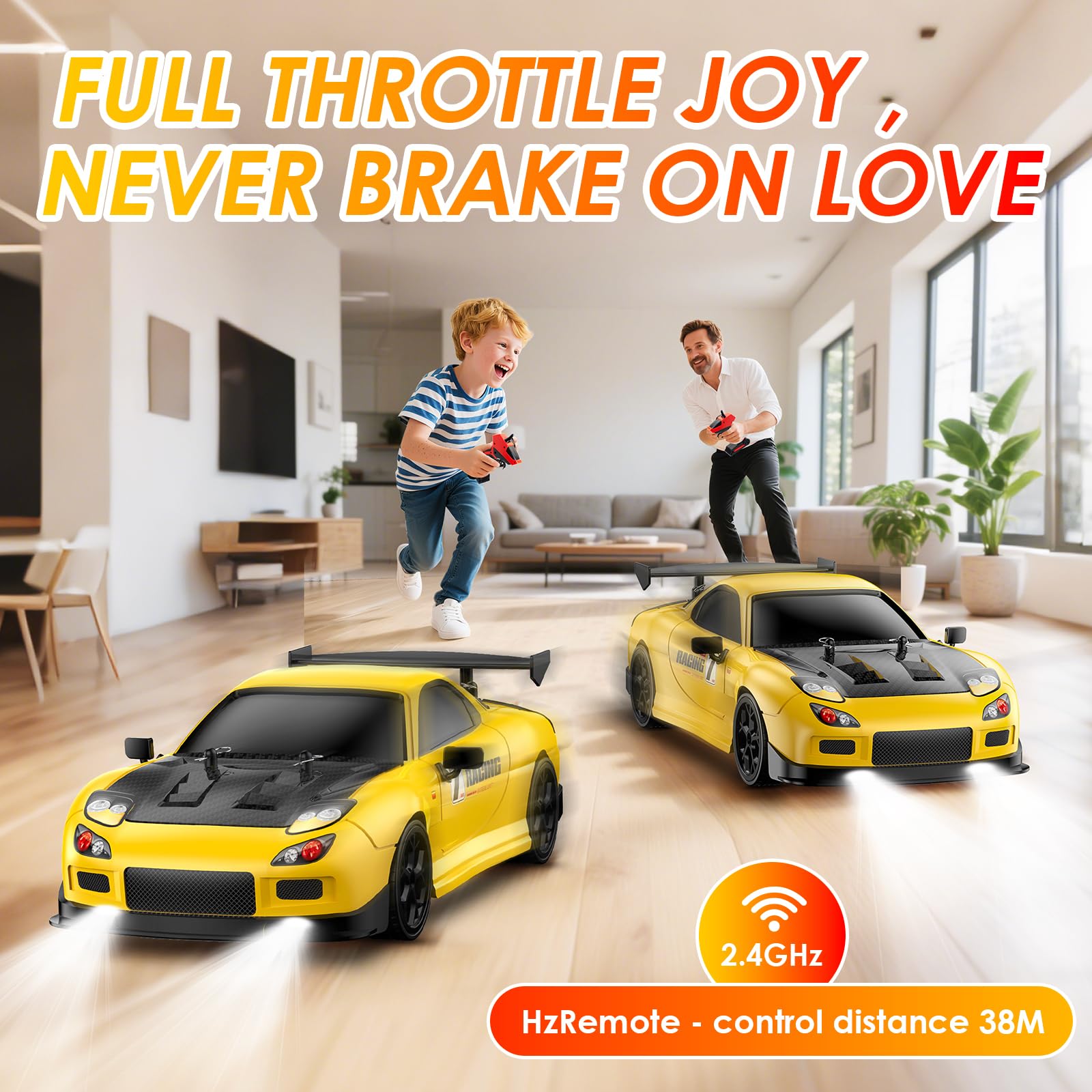 Coche teledirigido 1:14 RC Drift Car,2.4GHz 28km/H Coche de Deriva RC, 4WD Drift RC con Luces LED Regalo para Niños (Yellow)