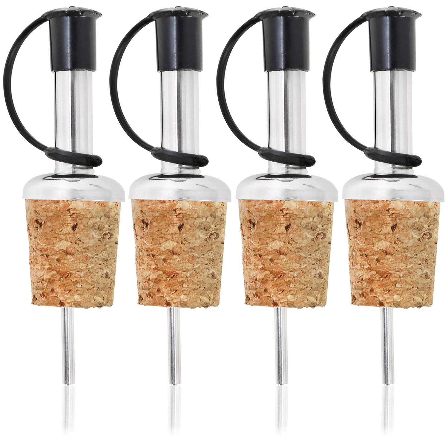 COM-FOUR® 4x Vertedor de botellas de acero inoxidable con tapón protector y corcho - Para licores, vinagre y aceite (04 piezas)