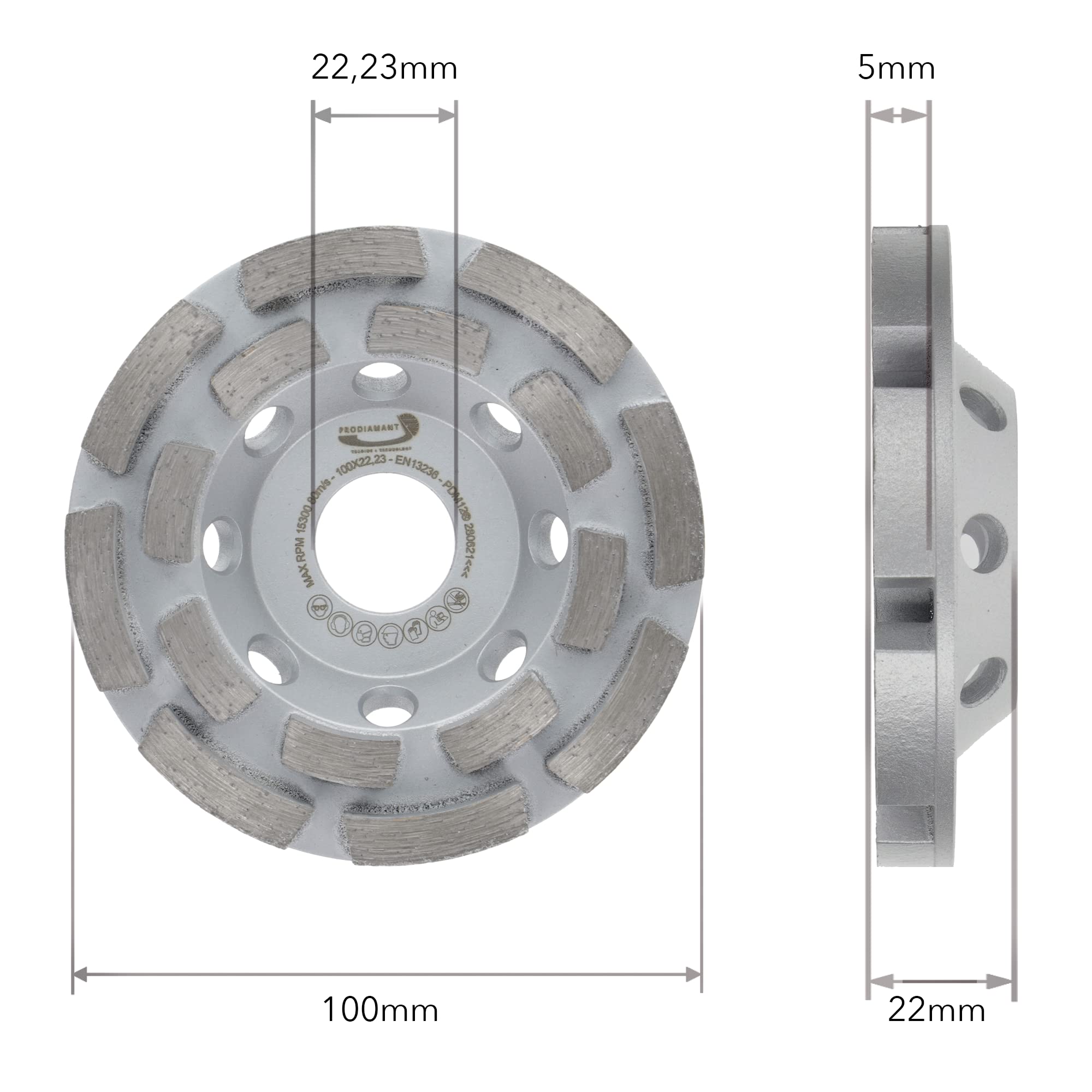 Meule Diamantée Double Rangée PRODIAMANT 180 Mm - Universelle Béton, Chape, Pierre Naturelle - Alésage 22,23 Mm