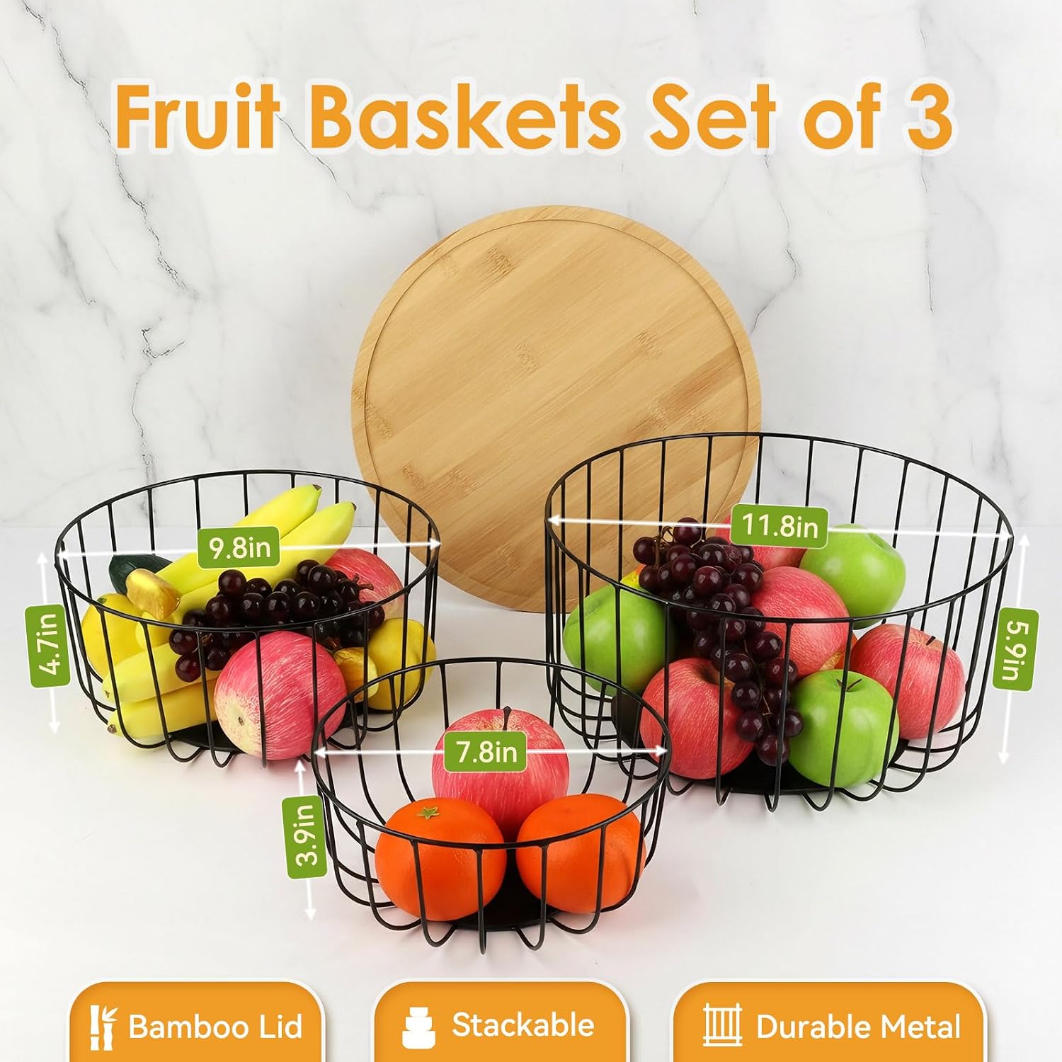 WELTOKE 3 Pack Fruit Basket For Kitchen Counter,Stackable Mesh Fruit Basket With Bamboo Lid,Large Fruit Bowl For Fruit And Vegetable Storage,Pantry Organizers