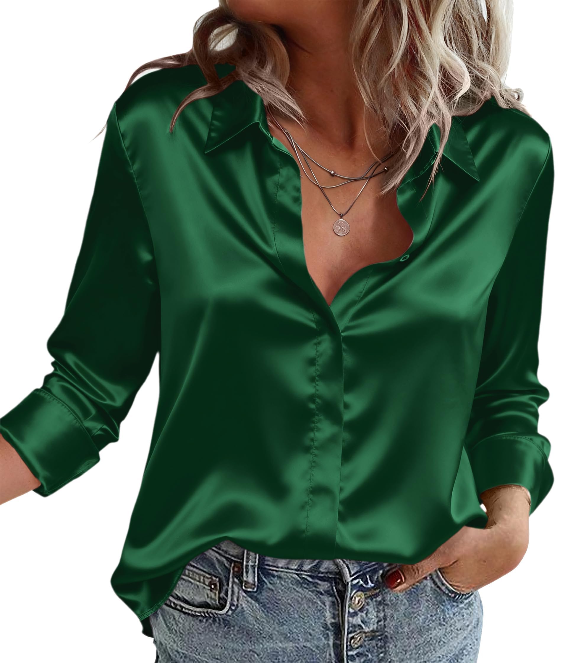Zeagoo Satin Bluse Damen Seidenbluse V-Ausschnitt Langarm Blusen Elegant Business Oberteile Seide Hemd mit Knöpfen