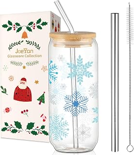 Joeyan Christmas Glass Cups with Lids and Straws,20 oz Iced Coffee Tumbler with Blue White Snowflakes Patterns,Cute Can Shaped Beer Drinking Glasses,Holiday Gifts for Women Mom Friend