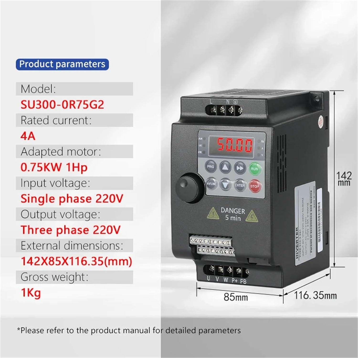 AC VFD 1-Phase 220V/3Ph 380V Input to 3ph Output 220V/380V 0.75/1.5/2.2/4/5.5KWfrequency Converter Inverter for Control Motor(0.75KW 220V 1PH-3PH)