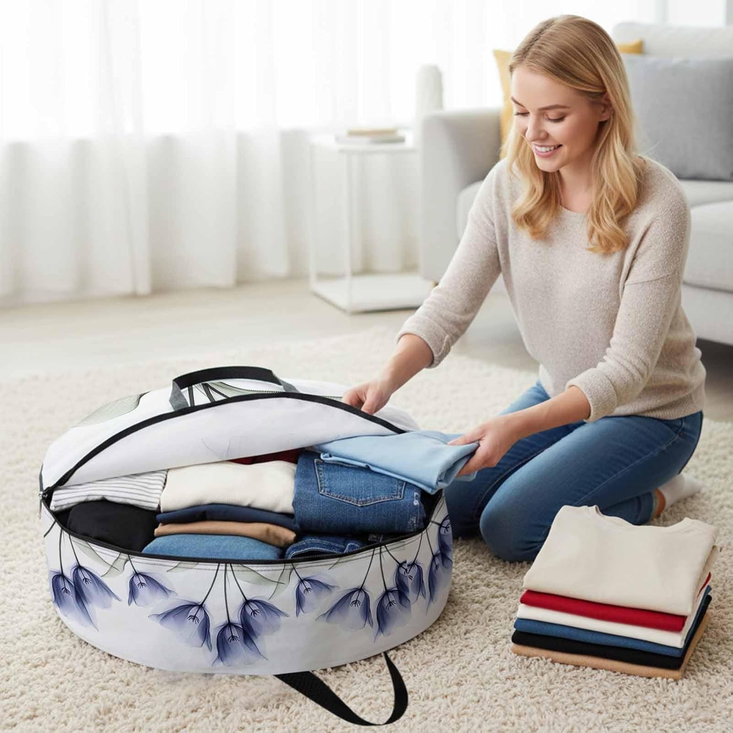 Retro Spring Round Storage Bag 36 Inch, Blue Tulip Flower Leaf Floral Clothes Storage Container with Handles Heavy Duty Organizer for Comforter, Bedding & Holiday Wreaths