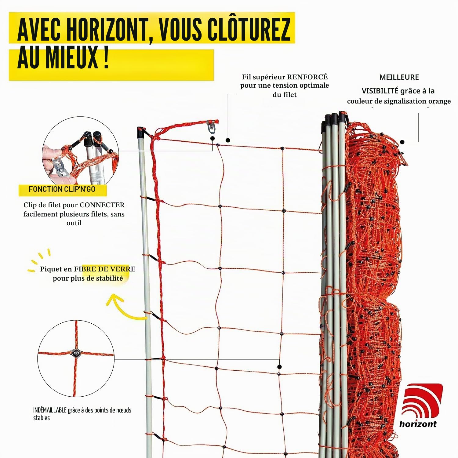 Horizont StrongLine Clôture mobile pour chiens de camping 50m 90cm, électrifiable, 14 piquets en fibre de verre, clôture de délimitation orange-Flexiber pour chiens, clôture mobile pour jardin