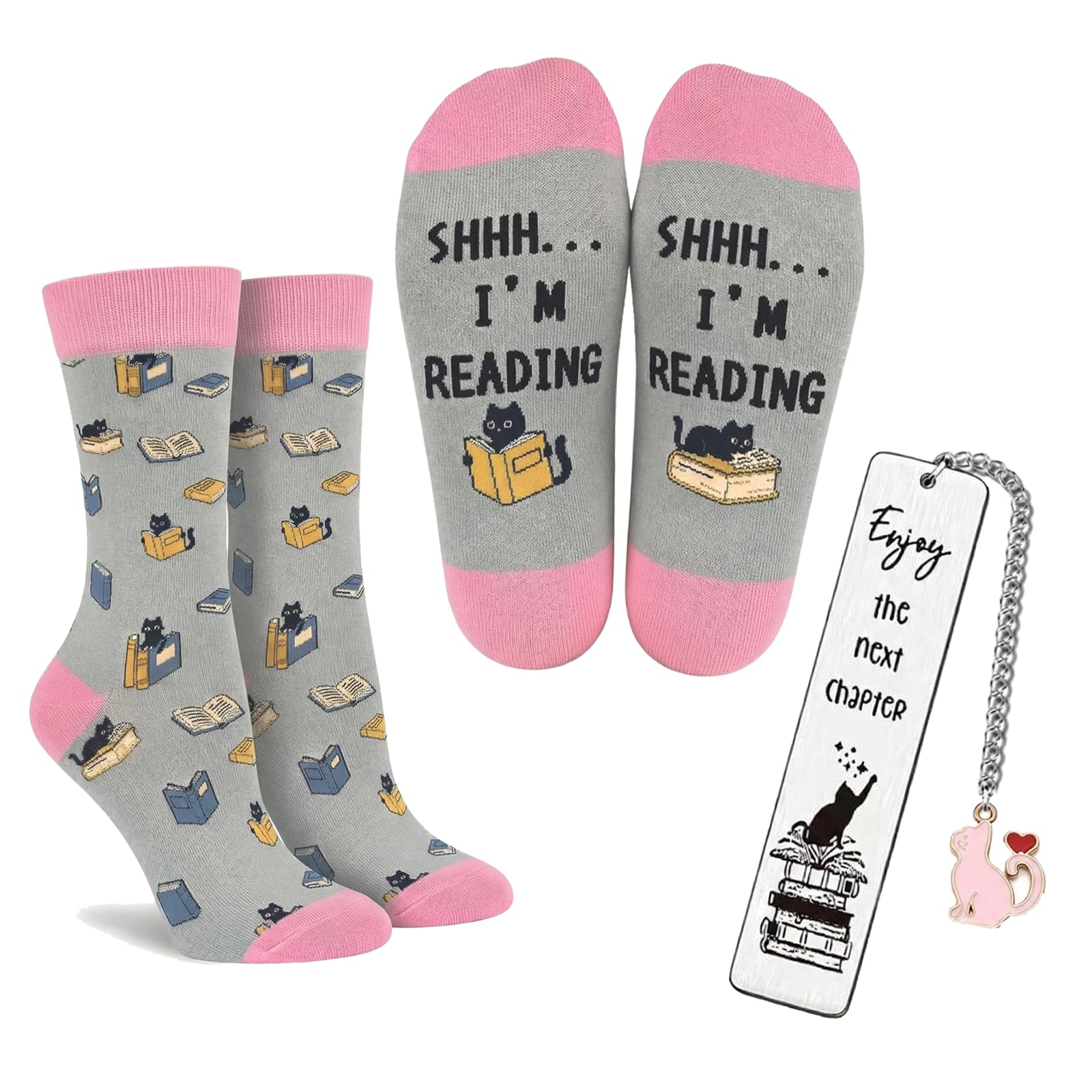 Runovate Book Lover Gifts for Women, Pink Shhh! I'm Reading Cat Novelty Socks with Metal Cat Bookmark, Book Accessories for Reading Lovers Cat Lover Women Girl