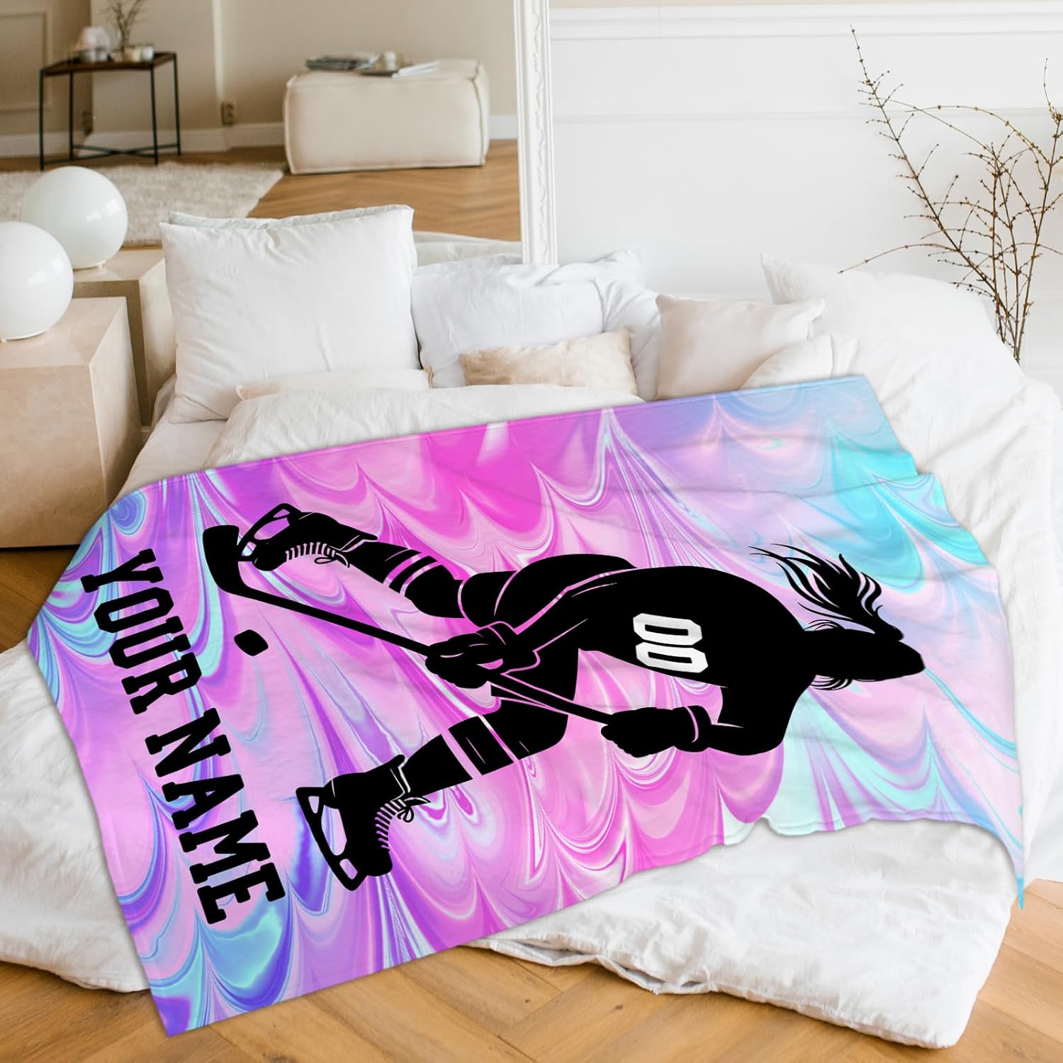 Personalized Hockey Blanket, Ice Hockey Gift, Girls Gift, Sports Blanket for Women, 80"x60" Flannel Adults Throw, Warm Soft Comfy Throw for Living Room, Bed, Home Room Decor
