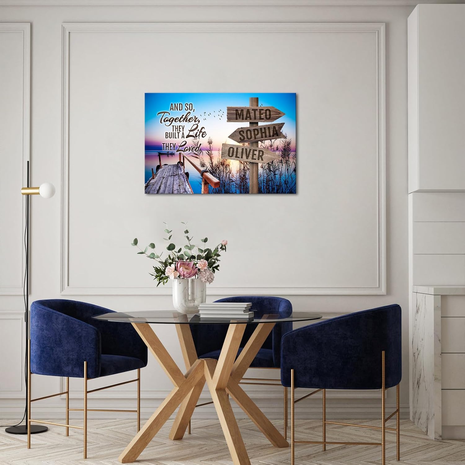 iLOOKLiKE Personalized Street Sign Family Name Wall Art 'And So Together They Built A Life They Loved' Quote Custom Poster Wooden Sea Pier and Bridge Canvas Prints for Home Decor Living Room Gifts