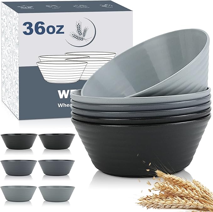 Wheat Straw Bowl Sets,6 PCS Unbreakable Cereal Bowl 36 OZ,Microwave and Dishwasher Safe Bowls,Soup Bowl Sets BPA Free Eco Friendly Bowl for Serving Soup,Oatmeal and Salad （Black Grey）