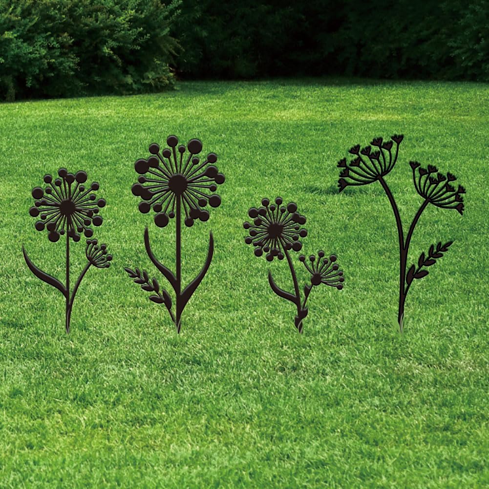 SUPERDANT 4Pcs Dandelion Metal Garden Decor Flower Outdoor Garden Ornament Black Silhouette Outdoor Decor Plant Yard Stakes Decorative Metal Wall Art for Lawn Patio Gift for Gardeners