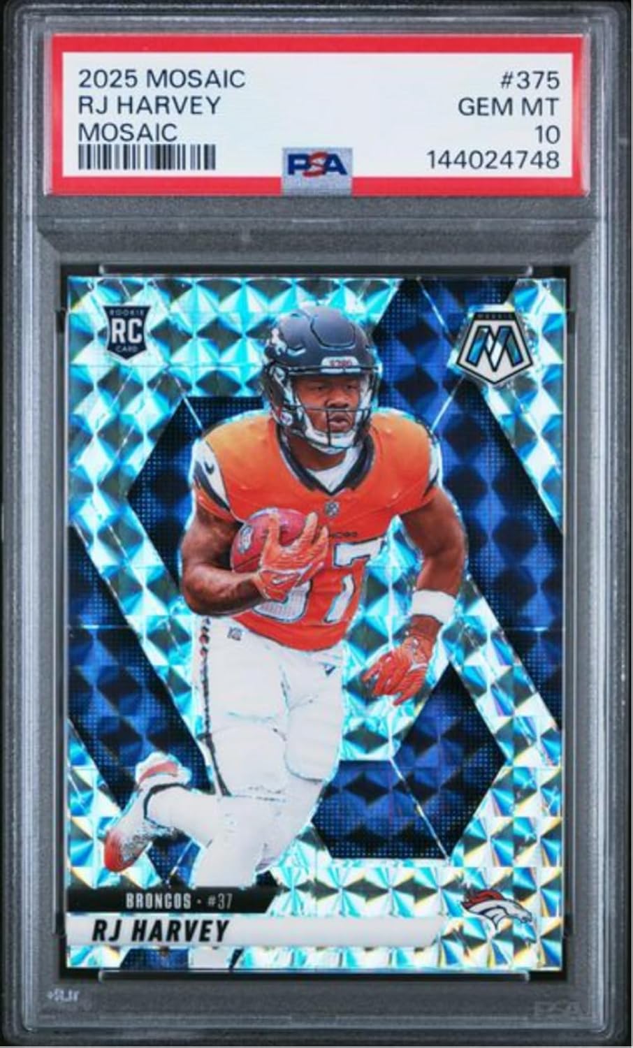 Graded 2025 Panini Mosaic RJ Harvey #375 Mosaic Rookie RC Football Card PSA 10 Gem Mint