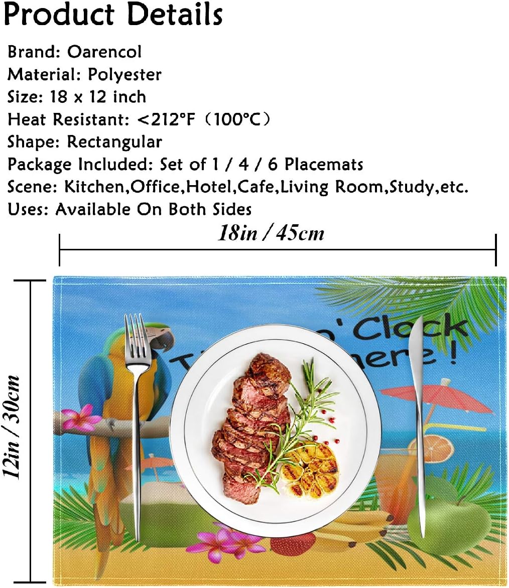Oarencol It's 5 O'clock Somewhere Placemat Table Mats Set of 4, Summer Parrot Pineapple Bird Tropical Fruit Banana Heat-Resistant Washable Clean Kitchen Place Mats for Dining Table Decoration : Home & Kitchen