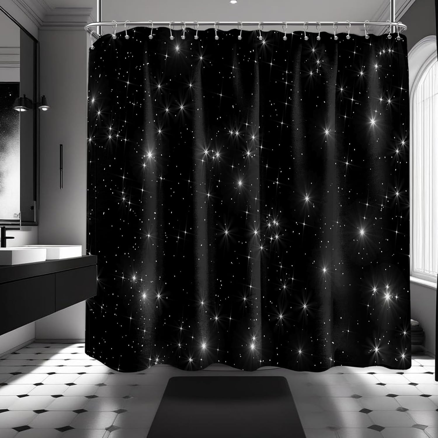 Star Space Shower Curtain Black and White Night Sky Galaxy Bathroom Decor, Waterproof Cloth Fabric with Hooks 108" W x 72" L