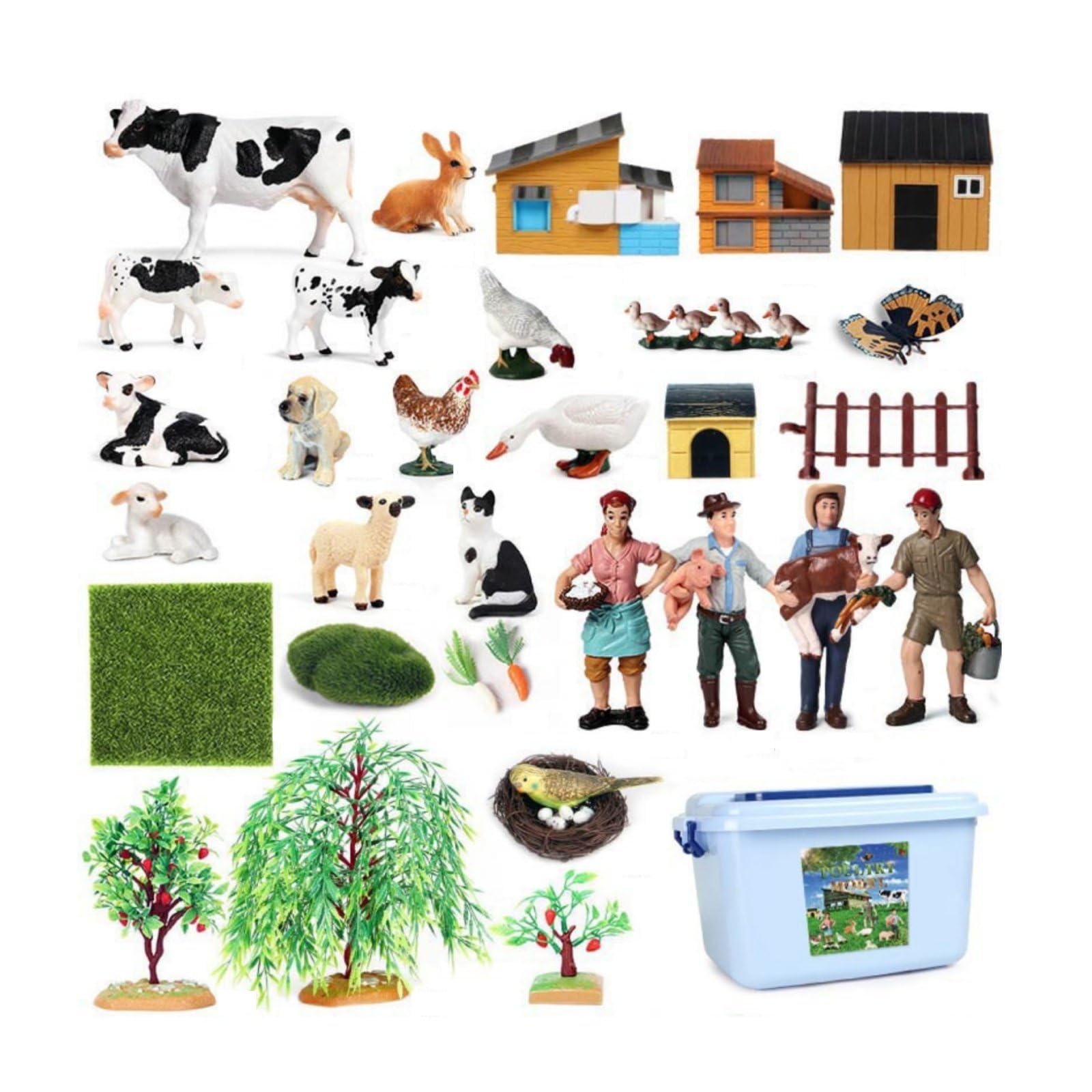 45 Stück Bauernhof Tiere Spielset Kinder Bauernhof Figuren Tierfiguren Tiermodelle mit Zubehör Wie Zaun Und Futter Im Aufbewahrungsbox für Vorschule Kita Gruppenlernen