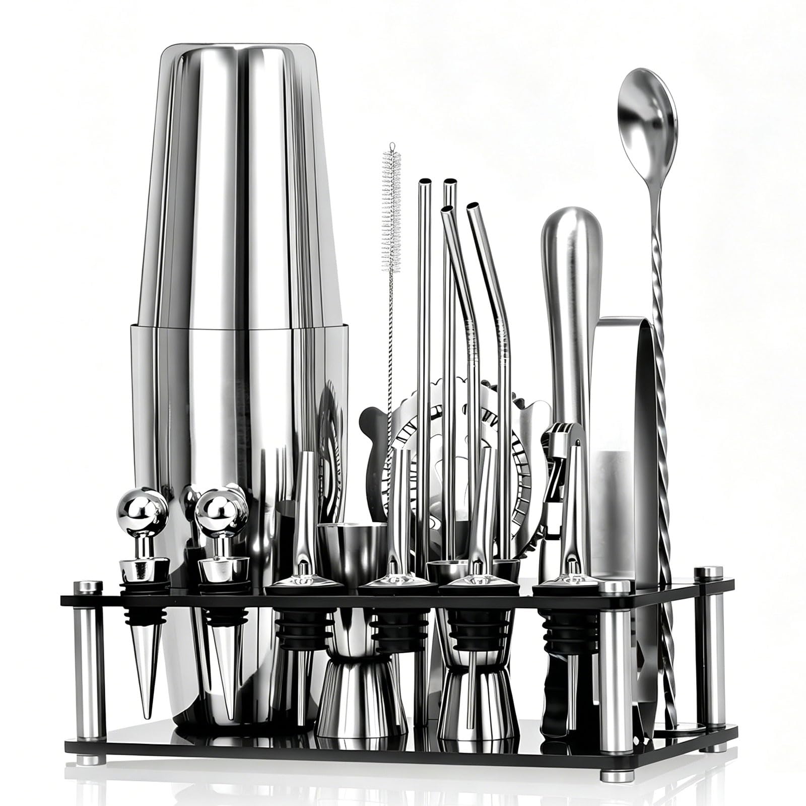 Coctelera para Cócteles Kit 20 piezas Coctelera de Acero Inoxidable Con Soporte acrílico Profesional Barman Herramientas Cóctel Recetas set de regalo para Mezclar Bebidas,Barra,hogar,Fiestas