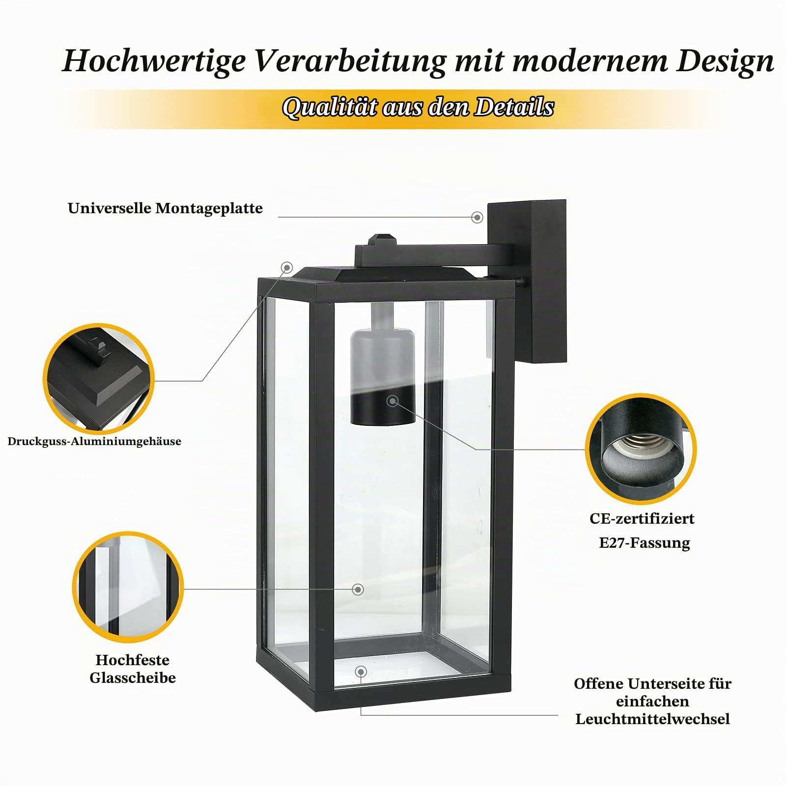 HLFVLITE Außenwandleuchte aus Metall in Mattschwarz und klaren Glas, 1-flammige Wandlampe Außenleuchte Alumniumguss IP44 Wasserdicht Max. 60W E27 Fassung