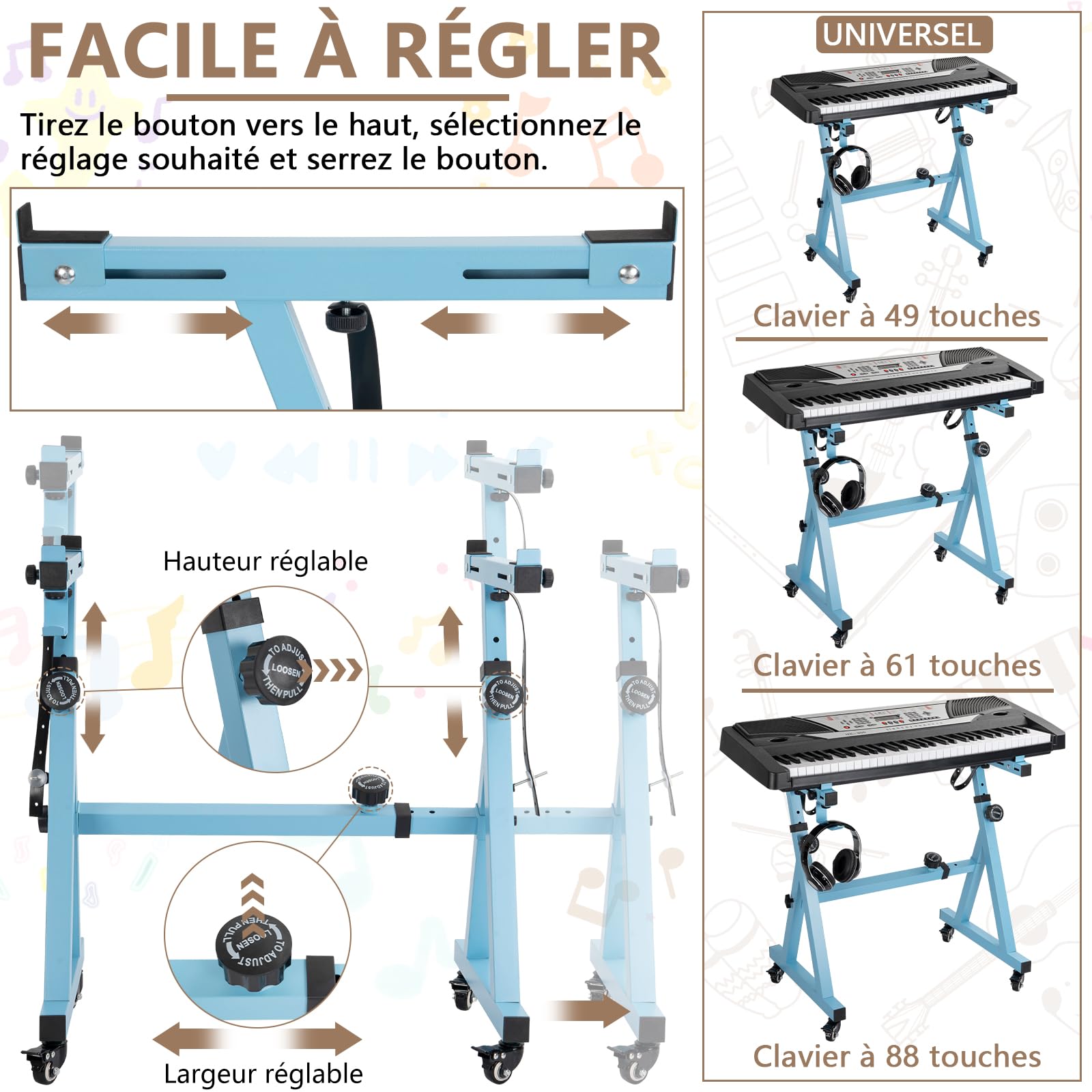 OUUTMEE Support de Clavier Piano en Forme de Z, Support pour Piano Numérique Réglable en Hauteur et Largeur avec 4 Roues, Convient aux Claviers Électrique à 54-88 Touches (Bleu)