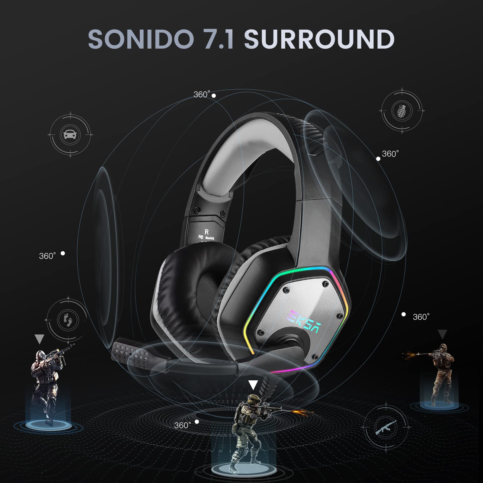 EKSA E1000 Cascos Gaming USB para PC, Over Ear Auriculares Gaming con Cable, Micrófono con Cancelación de Ruido, Sonido Envolvente 7.1, Luz RGB para Consola PS4 / PS5,Laptop