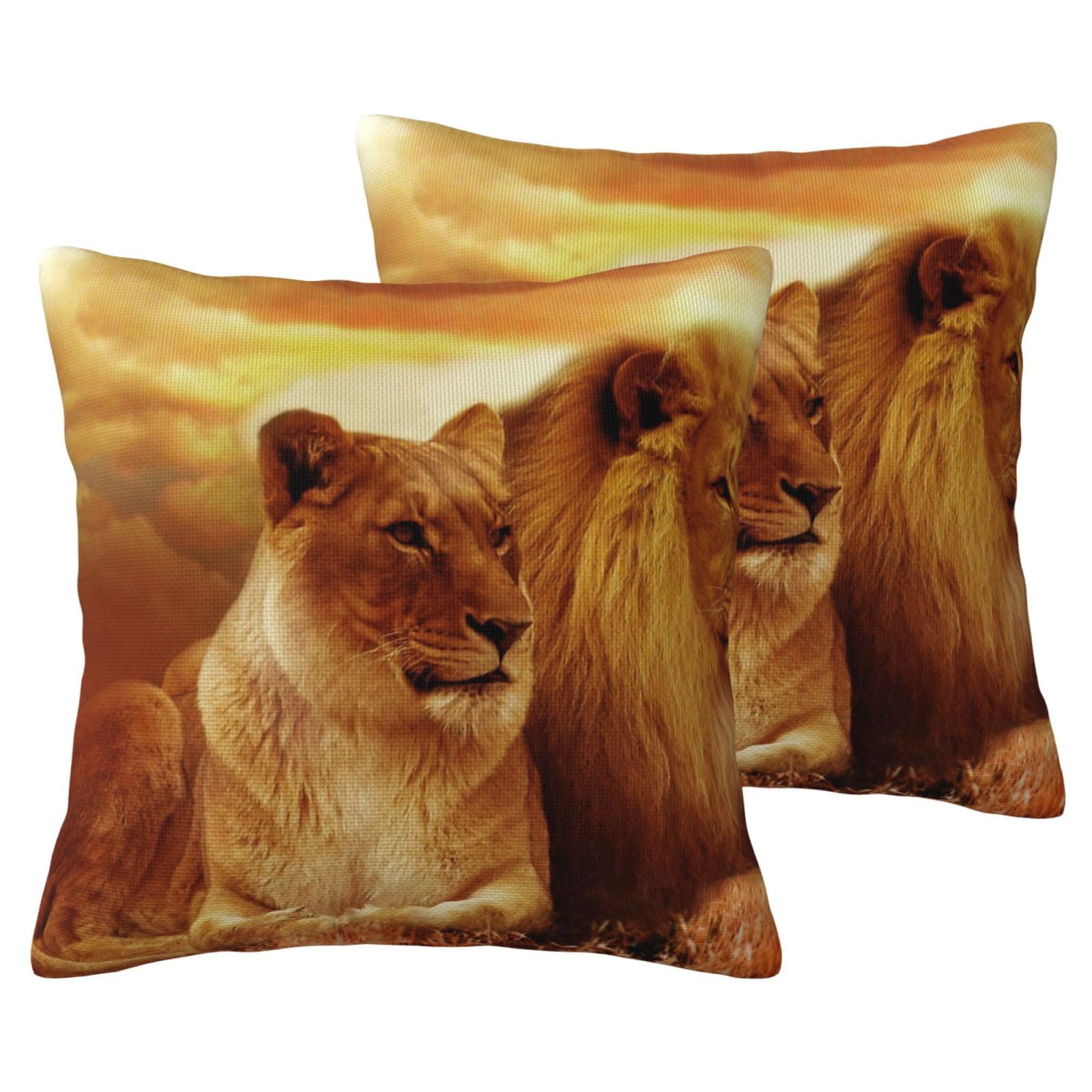 Housse de coussin lion et lionne, taies en lin texturé pour décoration premium