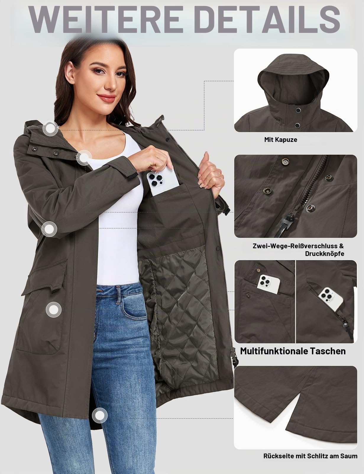 Vancavoo Übergangsjacke Damen Wintermantel Lang Leichte Jacke mit Kapuze Softshellmantel Übergang Mantel Parka Übergangsmantel für Frühling Herbst