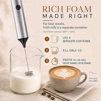 Handheld Milk Frother Wand Rechargeable with Stand - Stainless Steel Double Whisk Milk Frother Handheld -Coffee Stirrers Electric Drink Mixer - Coffee Frother (Silver)