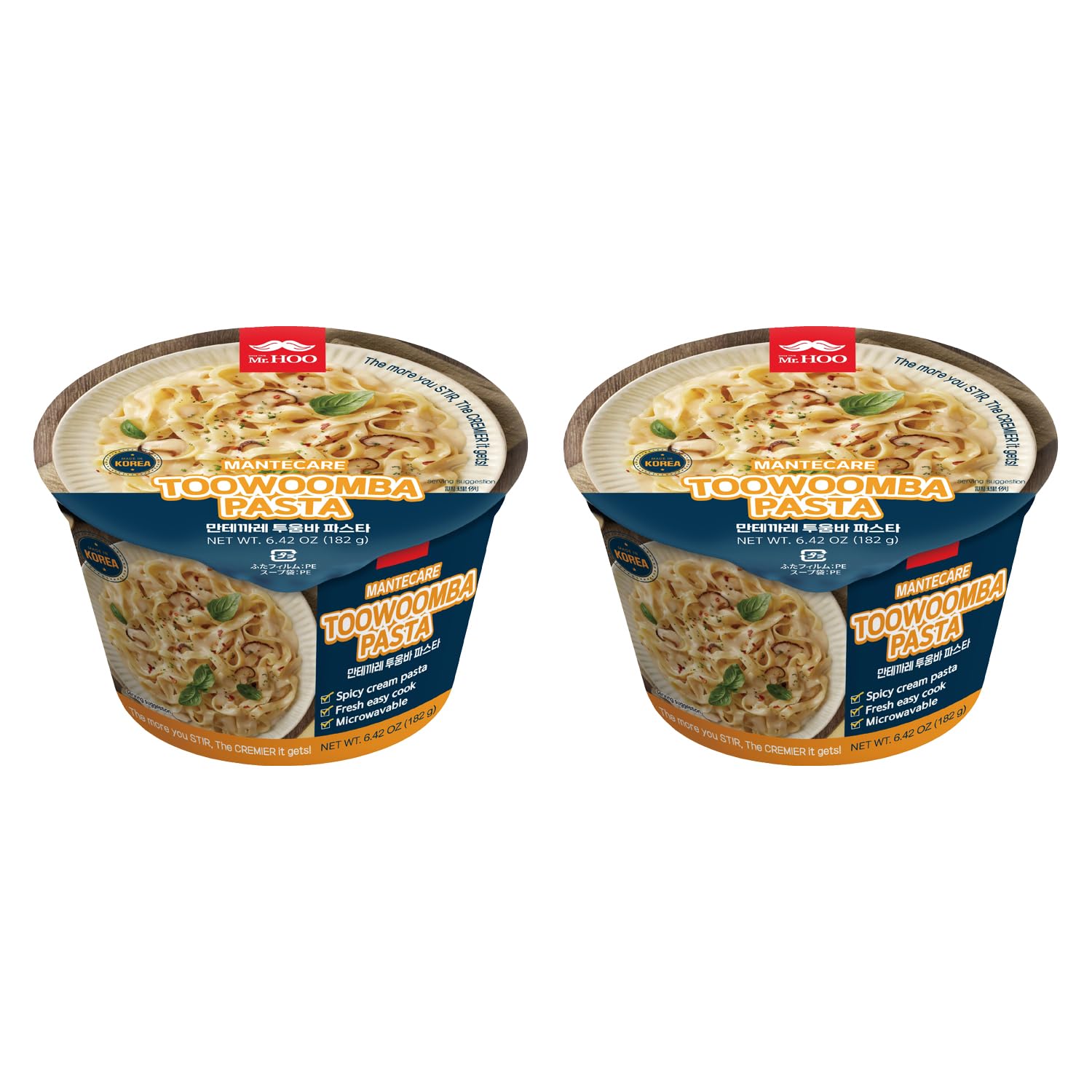 Mr.HOO Toowoomba Pasta Spicy Cream Noodle Cup (6.42oz x 4-Pack Set) – Big Bowl Ramen, Italian-Style, Chewy Noodles, Creamy & Spicy Flavor, Easy 3-Minute Microwave Meal