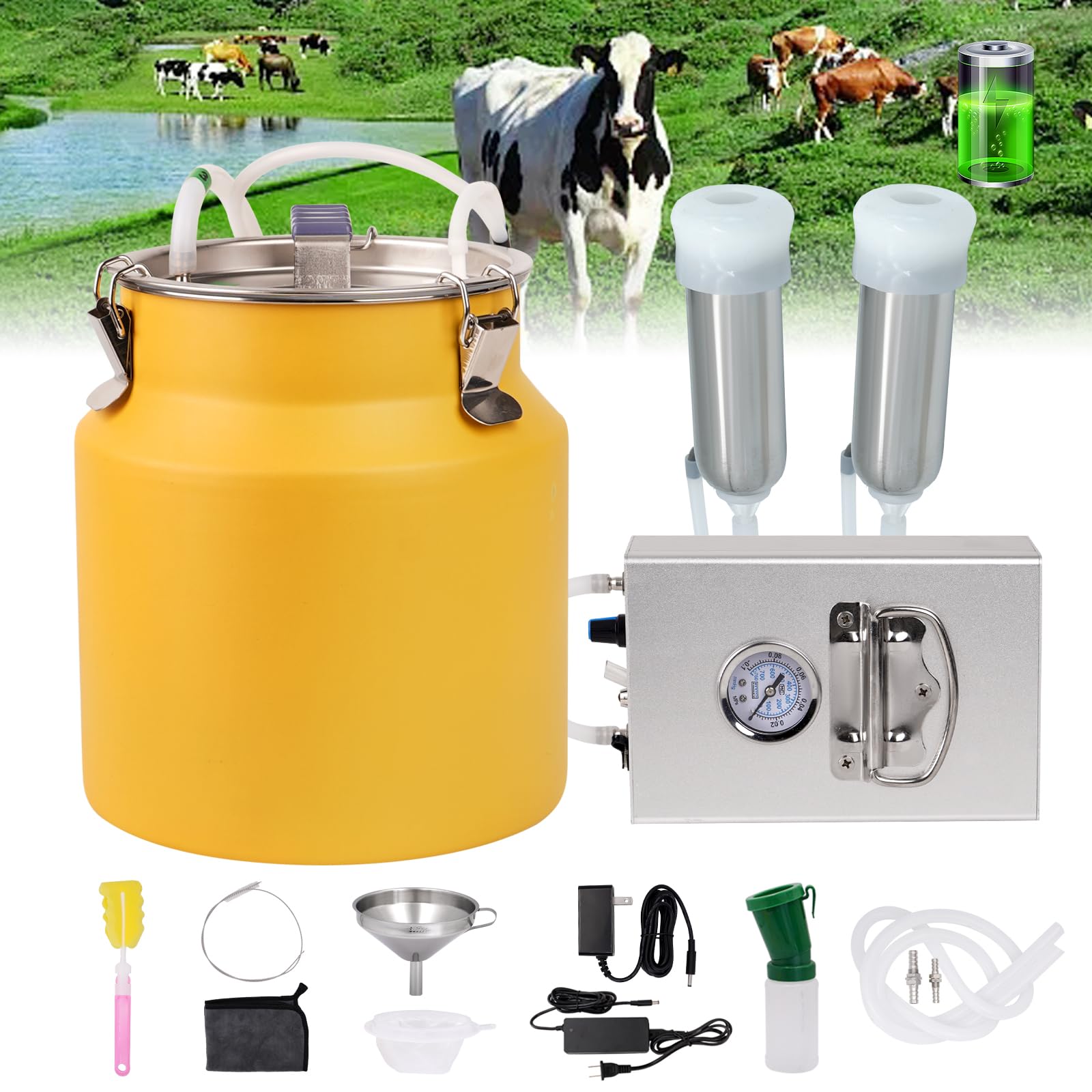 Rechargeable Cow Electric Milking Machine 8L Cow Milk Machine Stainless Steel Cow Milker Machine for Milking Pulsation Vacuum Milker Set Battery Powered for Cows