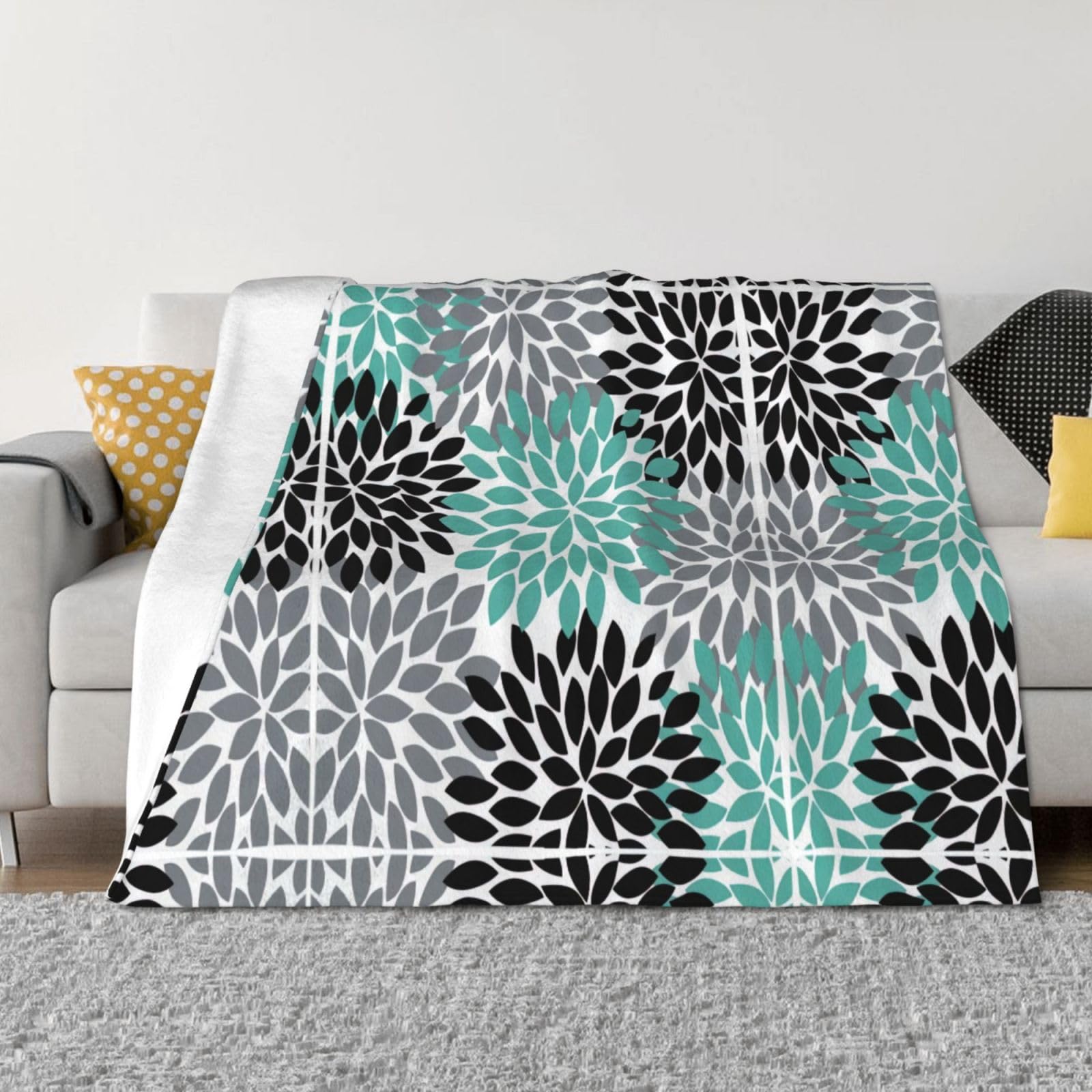 Manta grande de franela suave y acogedora de 80 x 60 pulgadas, estampado de flores de dalia, ligera y cálida para cama, sofá, sofá y viajes