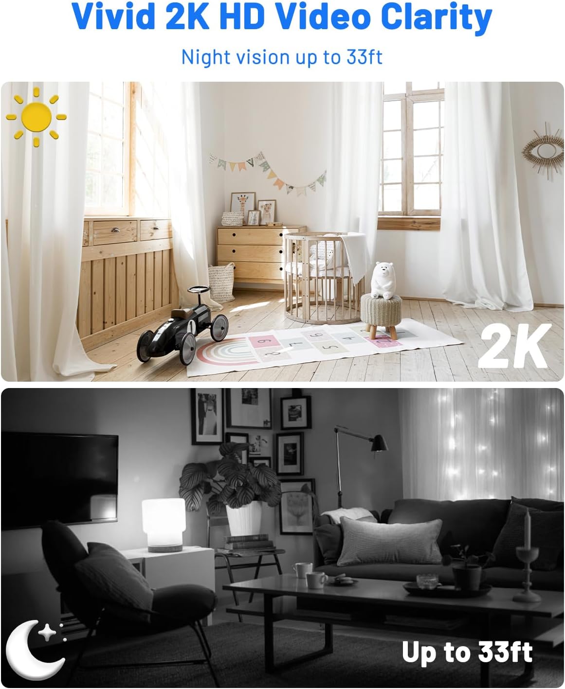 Comparison images showing the UCOCARE A90 camera's 2K HD video clarity during the day and its 33ft night vision capability in a dark room.