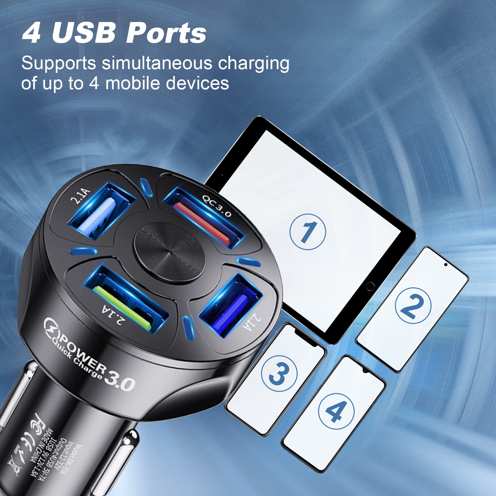 Caricatore Auto USB Cellulare 4 Porte, Accessori Caricabatterie Presa Accendisigari Compatibile Con Smartphone,Tablet, iPhone,Samsung,Huawei,Xiaomi (Confezione da 2)