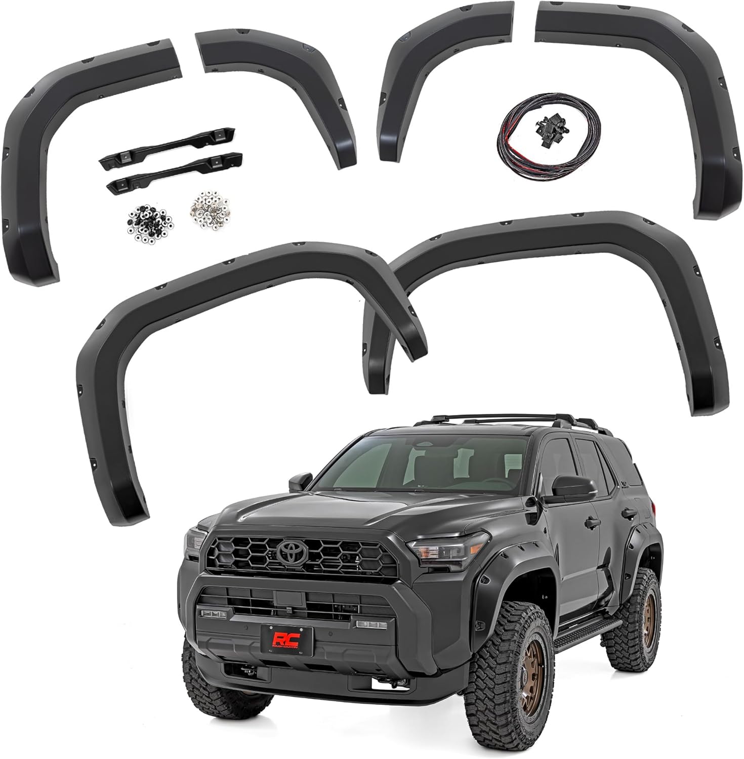 Rough Country Pocket Fender Flares for Toyota 4Runner (2025-2026) - 1.75" Tire Coverage, 5.75" Height, Riveted Style, UV-Protected ABS, Paintable Matte Black