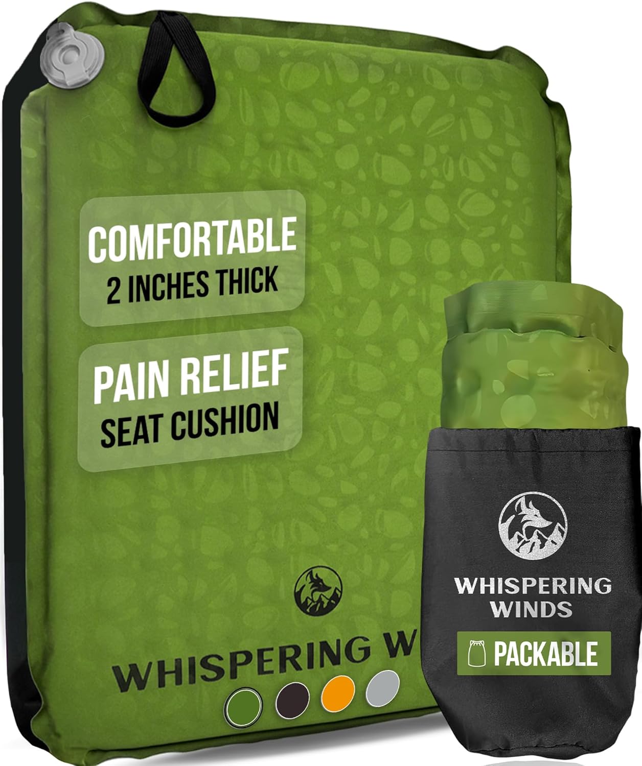 Whispering Winds Inflatable Seat Cushion - Comfortable Blow-up Foam Pad for Airplane, Travel, Stadium, Outdoors, Camping, Car & More Military Green -1pack Large