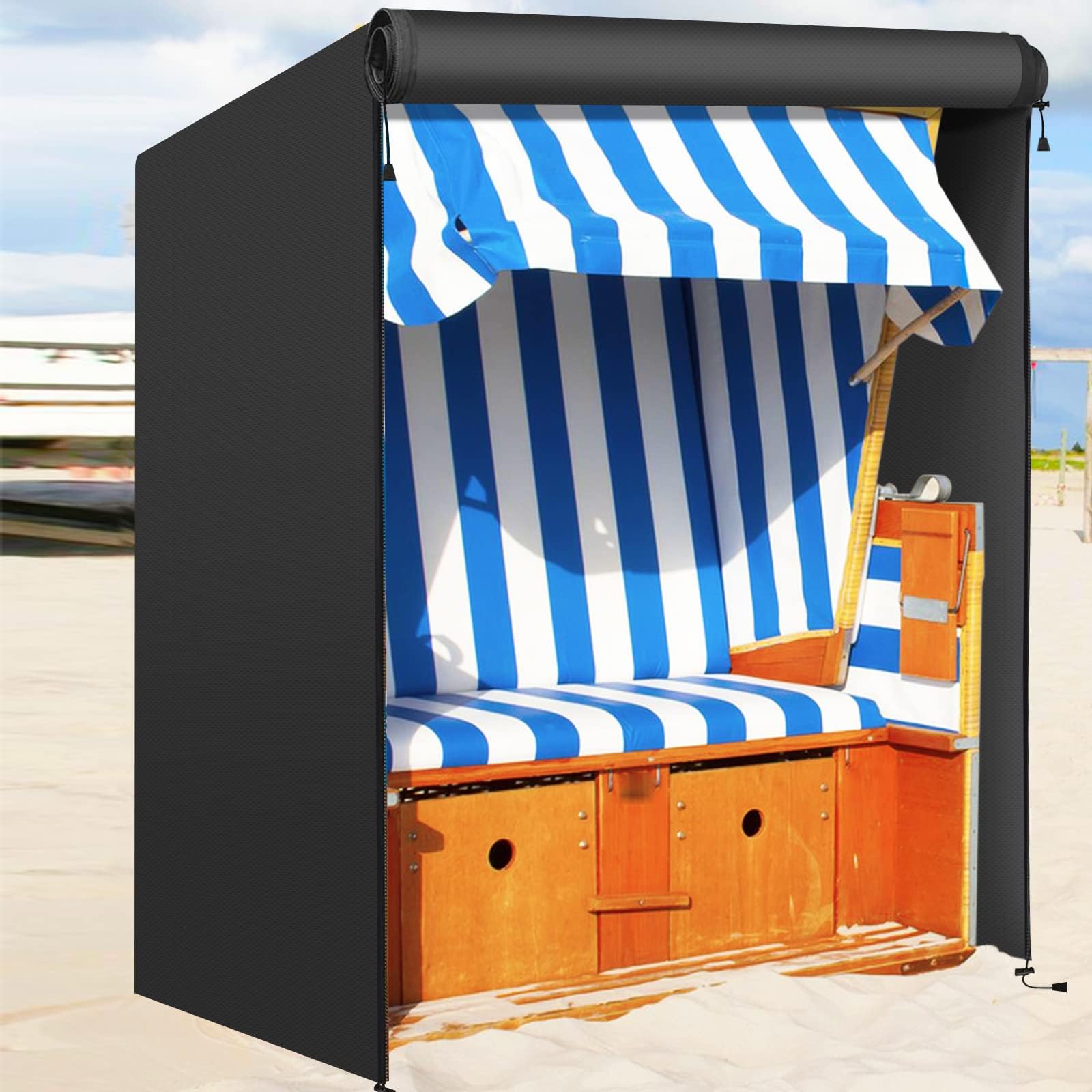 FINEW Funda protectora para silla de playa de tejido Oxford 600D, 135x105x175/140 cm, resistente al viento, cubierta para cesta de playa con cremallera, resistente al agua, color negro