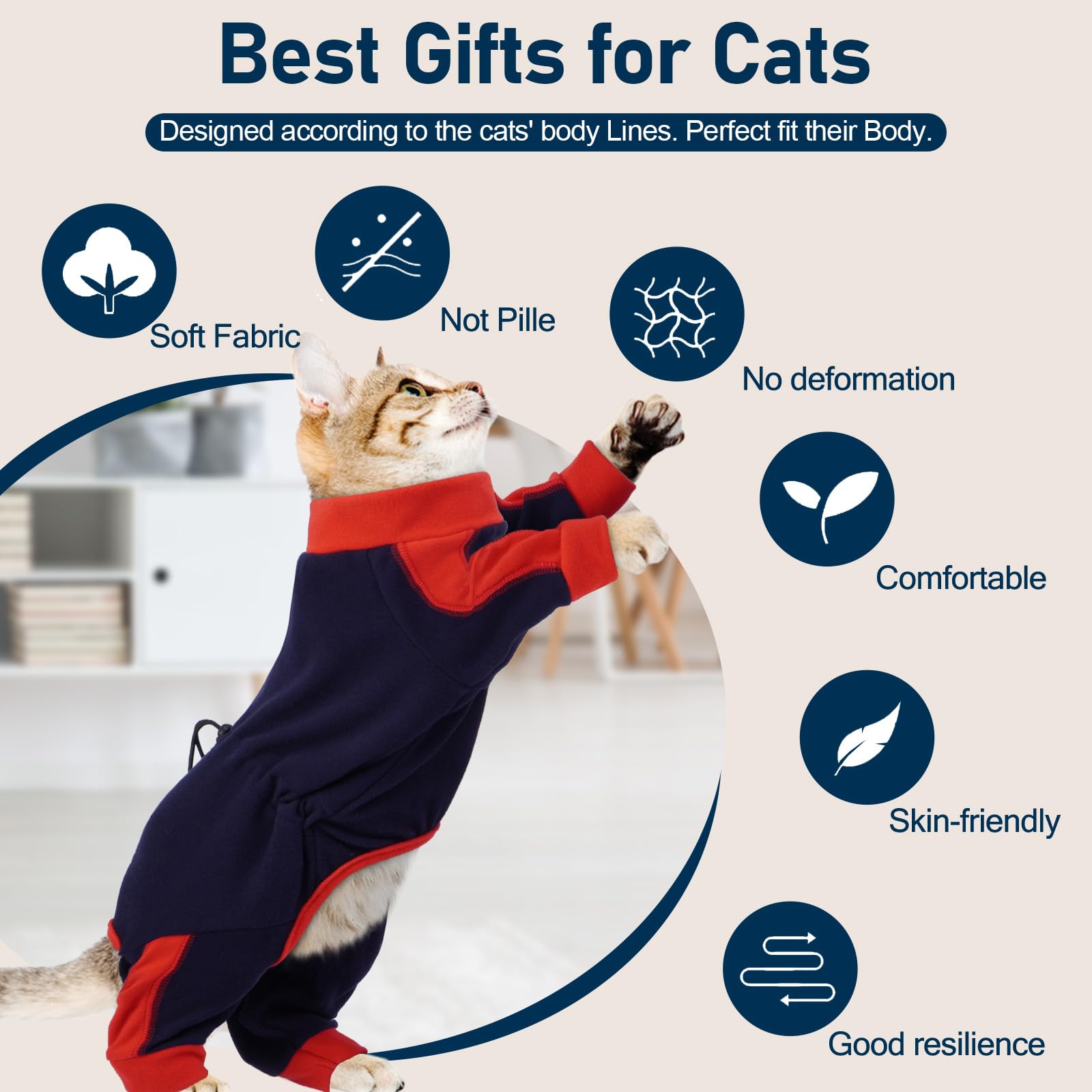 ADNIKIA Cat Pajamas for Cats Only, Sticky Hair Cat Clothes, Long Sleeve Sphynx Clothes, Anti-Licking or Skin Disease Recovery Suit for Female Cats, Kitten Onesie Pajamas, DarkBlue, 2XL