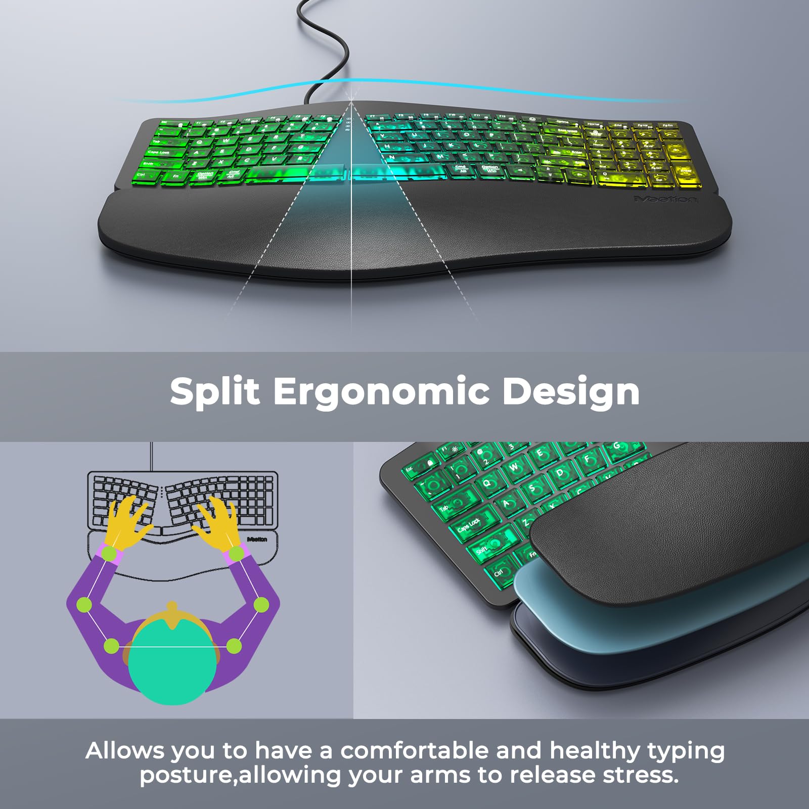MEETION Tastiera ergonomica cablata, retroilluminazione trasparente a 7 colori, 4 luminosità, 1 retroilluminazione RGB respiratoria, cuscino poggiapolsi, adattatore USB-A/USB-C, tastiera Ergo per