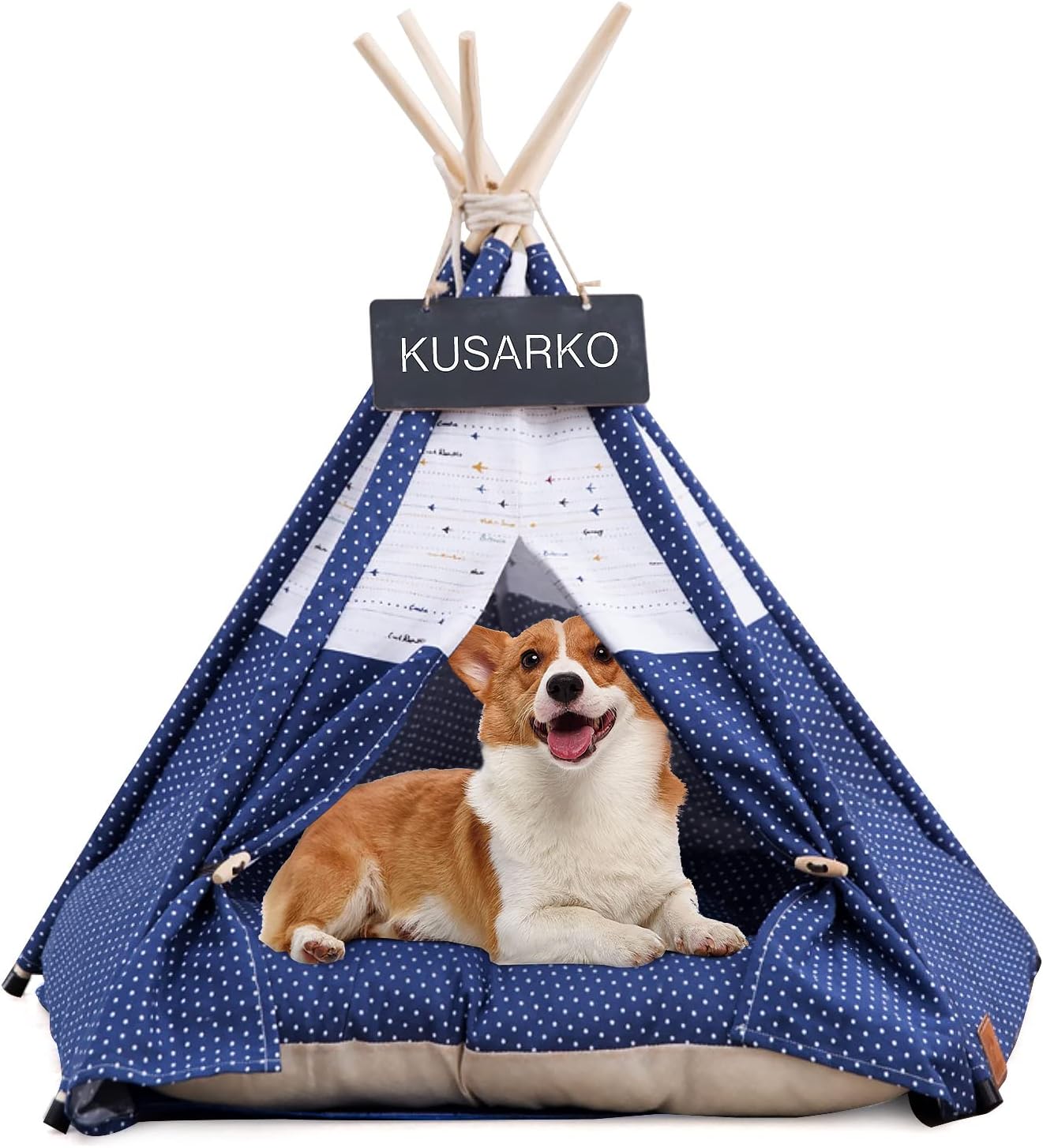 KUSARKO Tipi tienda de campaña para mascotas para perros y gatos con cojín y pizarra, espacio grande, 50 x 50 x 60 cm (azul)