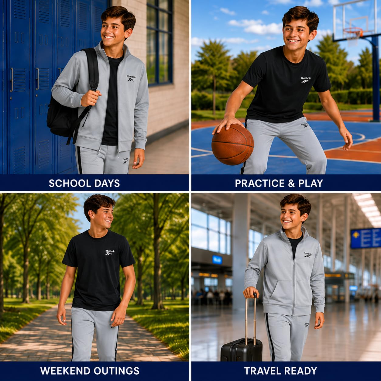 Reebok Conjunto deportivo de 3 piezas con chaqueta de punto con cremallera, camiseta y pantalones deportivos para niños