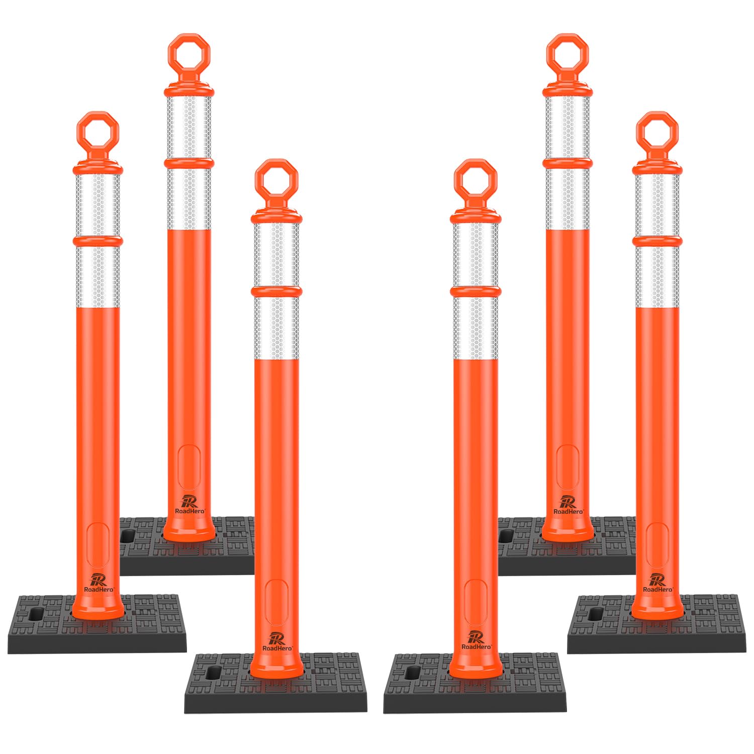 RoadHero 42 Inch Delineator Post with Base, Portable Orange Traffic Delineator Posts Cones with Reflective Collars for Parking Lots, Road Safety, Construction Events (6 Pack)