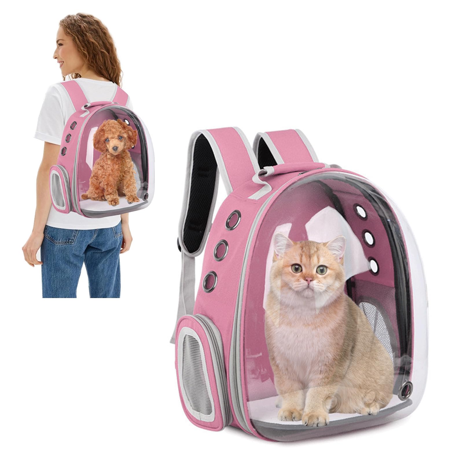 PETCUTE Katzenrucksack Raumkapsel,Tragbar Haustier-Rucksack für kleine Katzen, Welpen, Hunde, Hase,Atmungsaktiv transparenter Hunderucksack,für Reisen, Spaziergänge und Wandern,Rosa