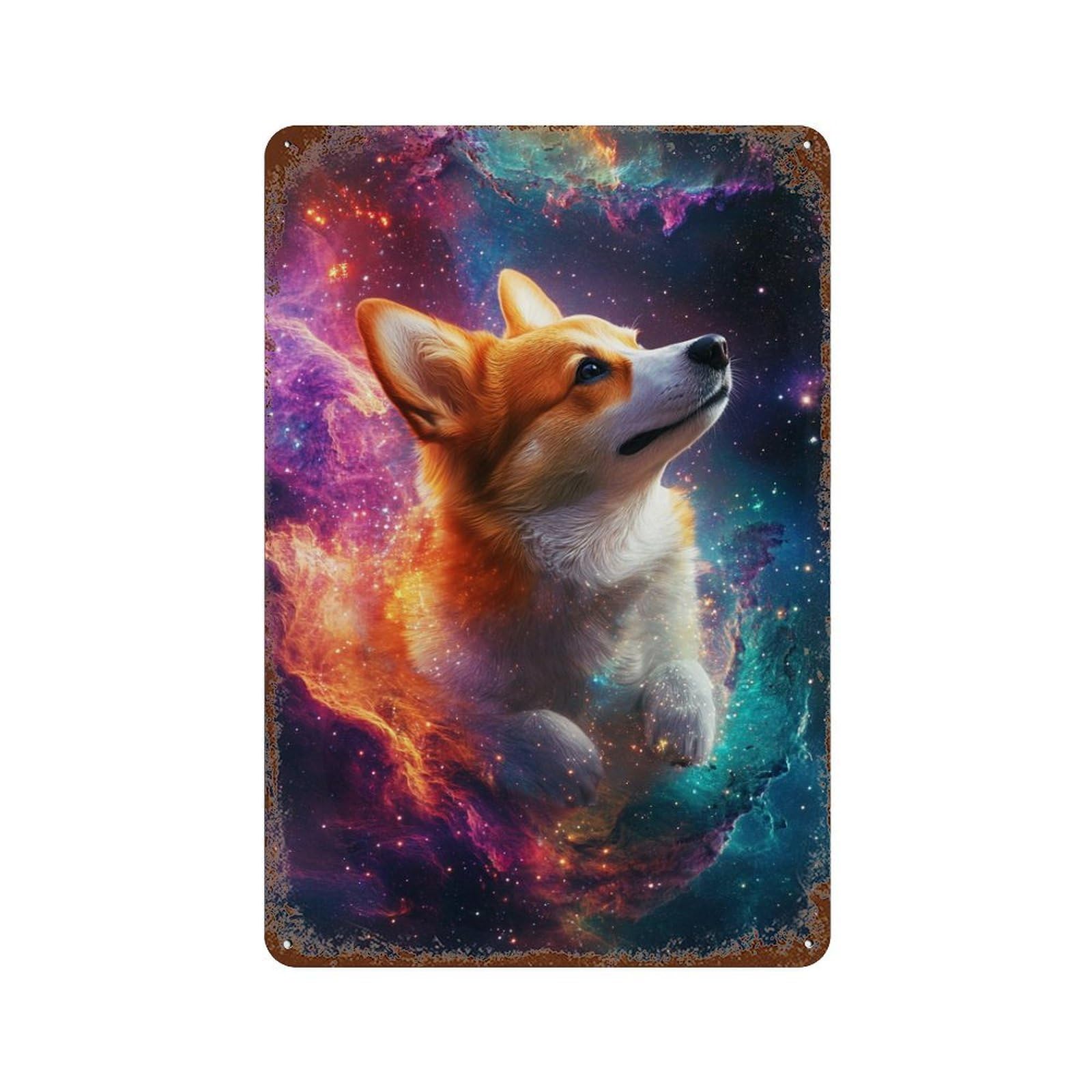 Decorative Tin Sign with Cosmic Corgi Adventure-8 Design 11.8"x7.9", for Basement, Hobby Room And Garage Decor, Rustic Home Decor