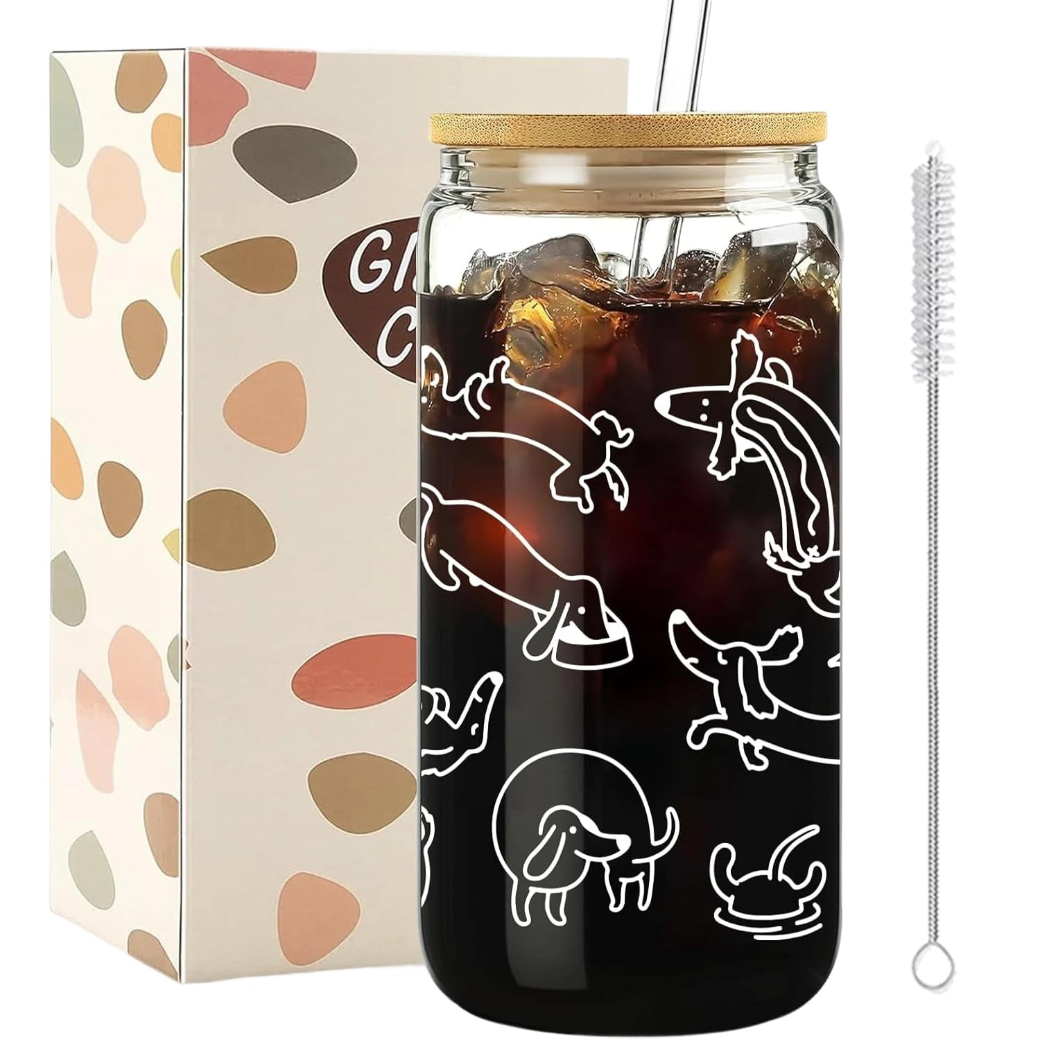 Cumnvulnt Funny Dachshund Glass Cups with Lids and Straws, 16oz Dachshund Iced Coffee Cup, Dachshunds Gifts for Women Men, Multifunctional Glass Tumbler for Cocktail, Coke, Soda