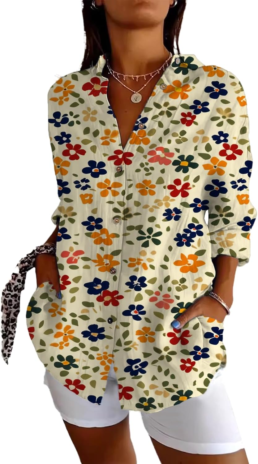 Boho Floral Linen Shirt for Women Elegent Rolled Three-Quarter Sleeves V Neck Colla...